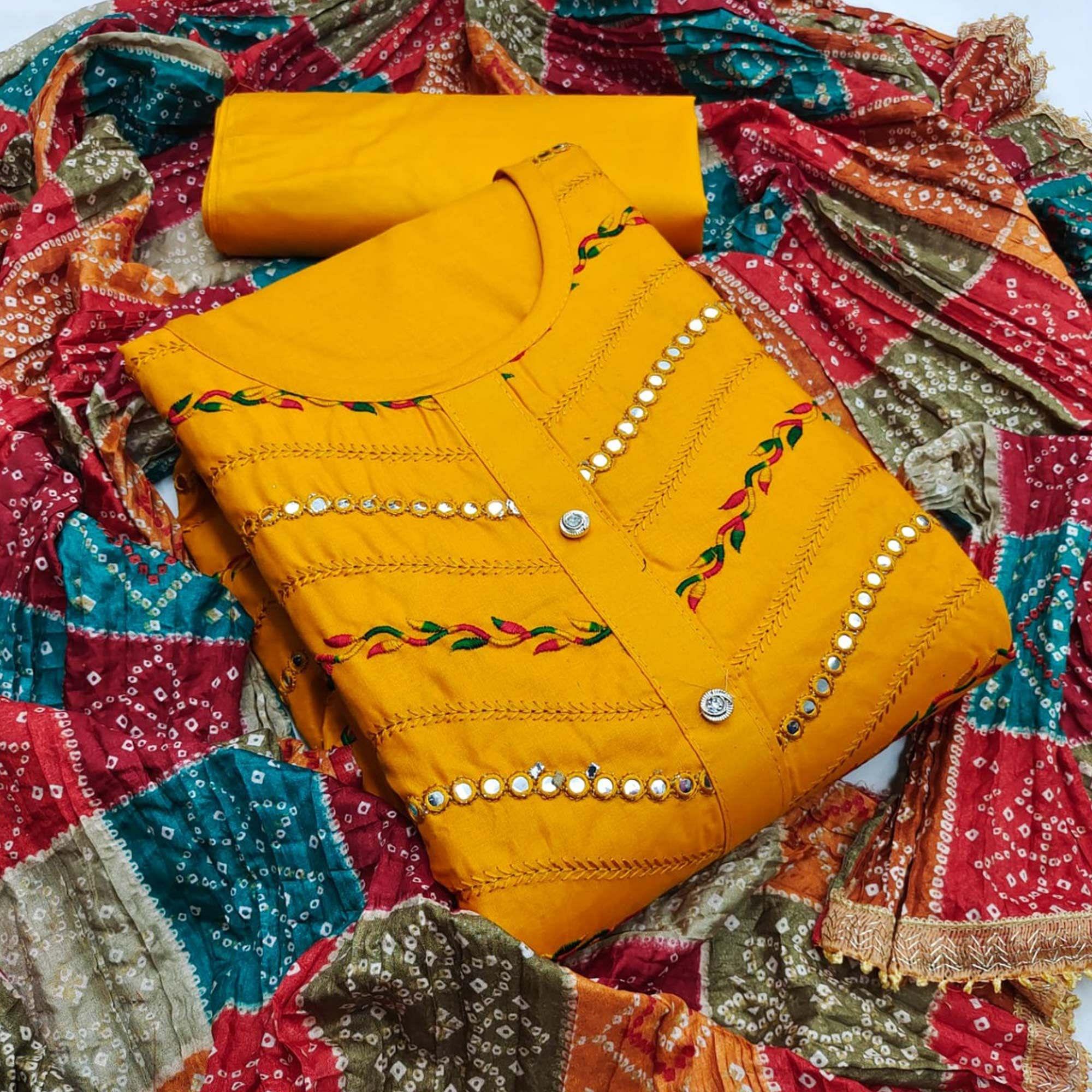 Mustard Embroidered & Embellished Cotton Dress Material - Peachmode