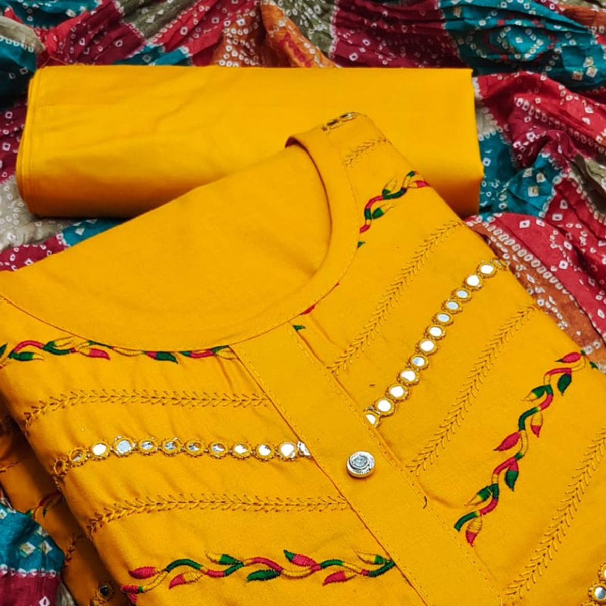 Mustard Embroidered & Embellished Cotton Dress Material - Peachmode