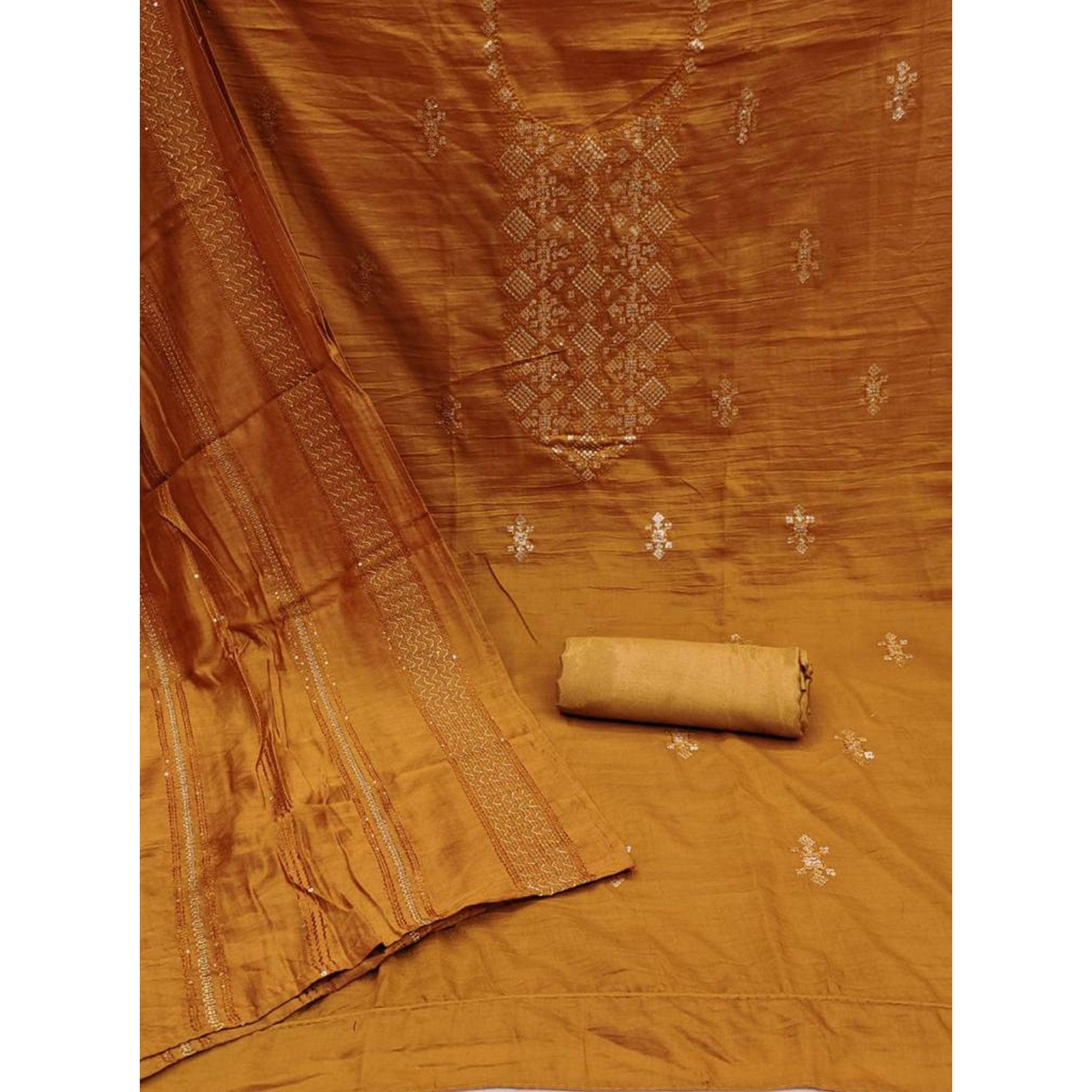 Mustard Embroidered Art Silk Dress Material - Peachmode