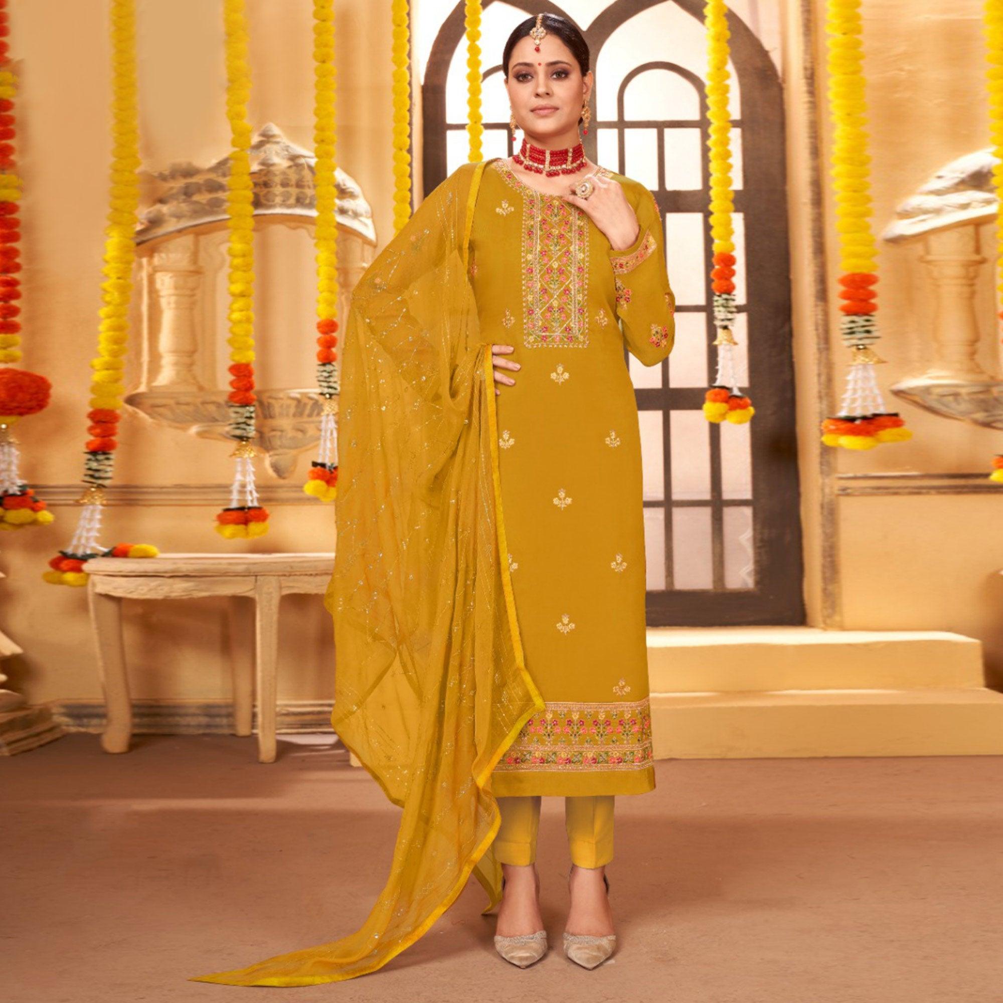 Mustard Embroidered Art Silk Salwar Suit - Peachmode