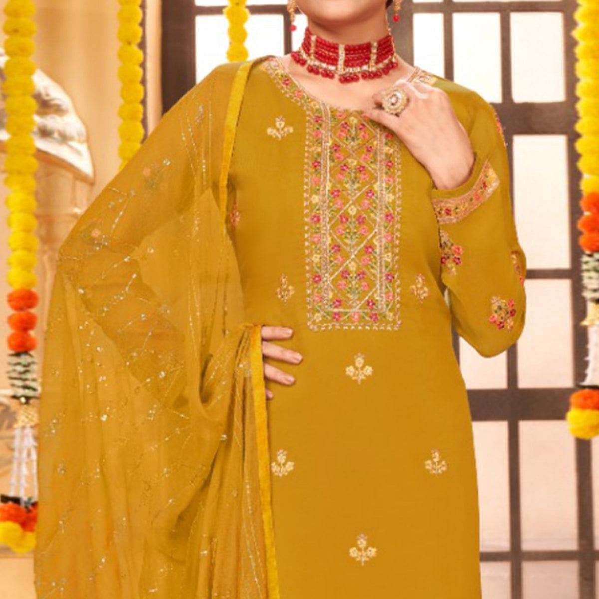 Mustard Embroidered Art Silk Salwar Suit - Peachmode
