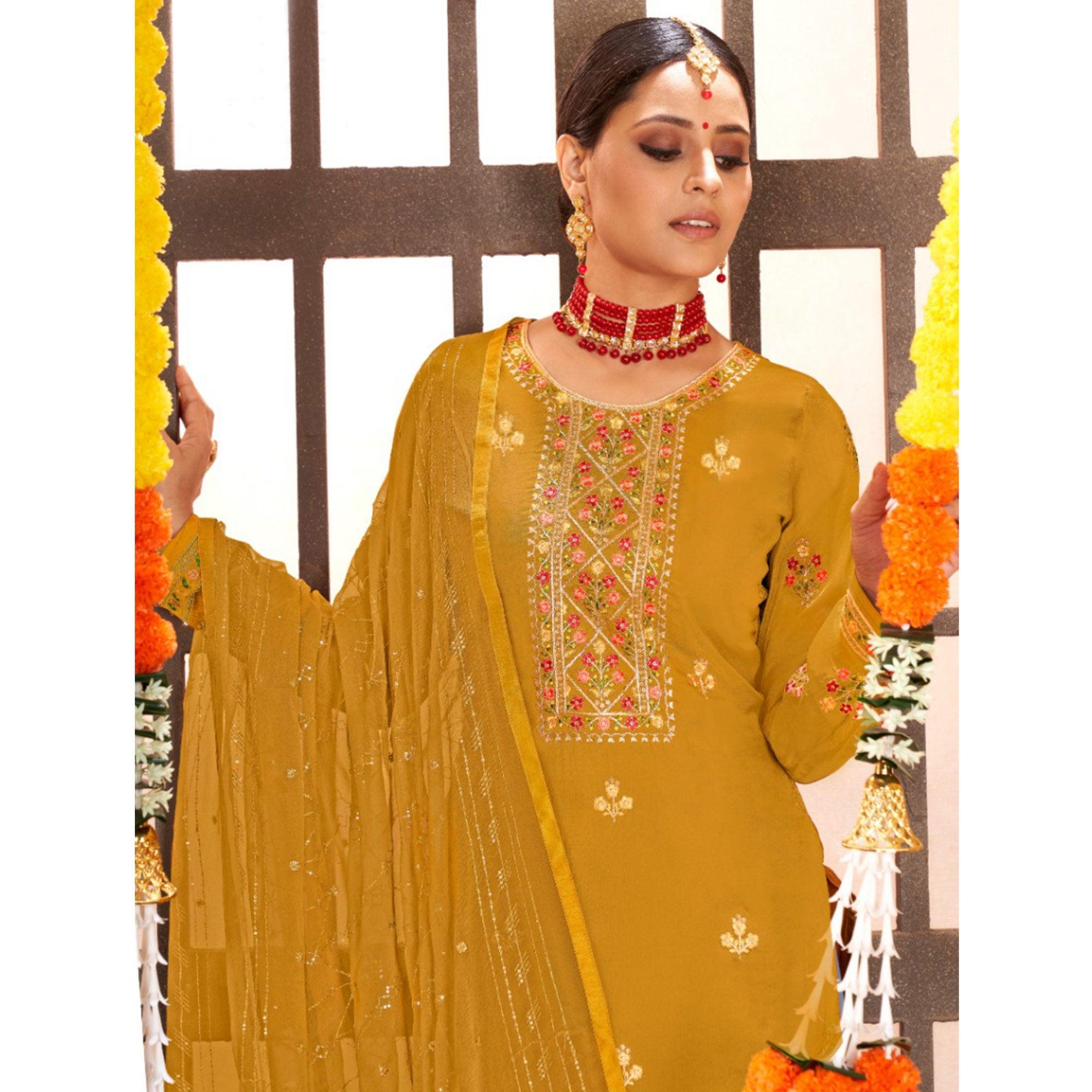 Mustard Embroidered Art Silk Salwar Suit - Peachmode