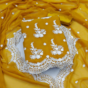 Mustard Embroidered Georgette Dress Material - Peachmode