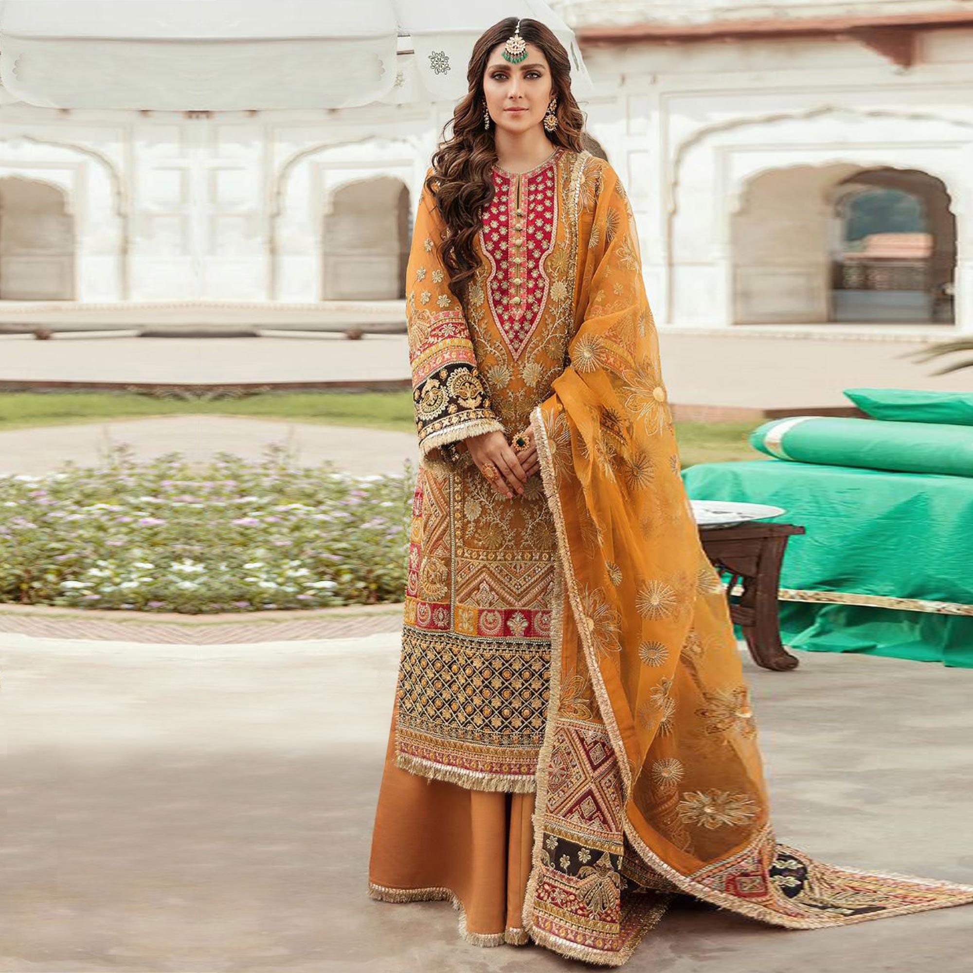 Mustard Embroidered Georgette Pakistani Suit - Peachmode