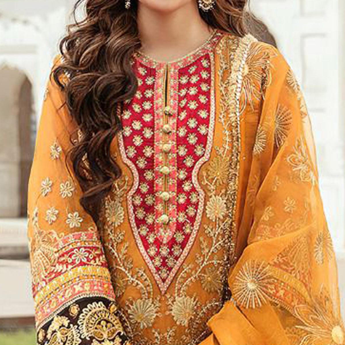 Mustard Embroidered Georgette Pakistani Suit - Peachmode