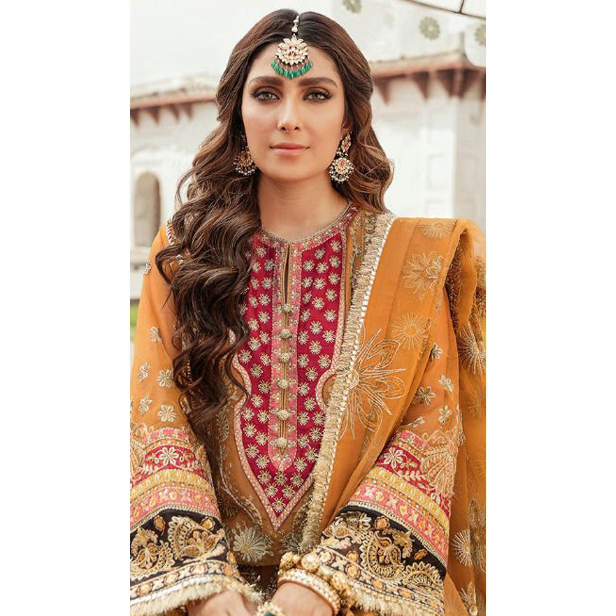 Mustard Embroidered Georgette Pakistani Suit - Peachmode