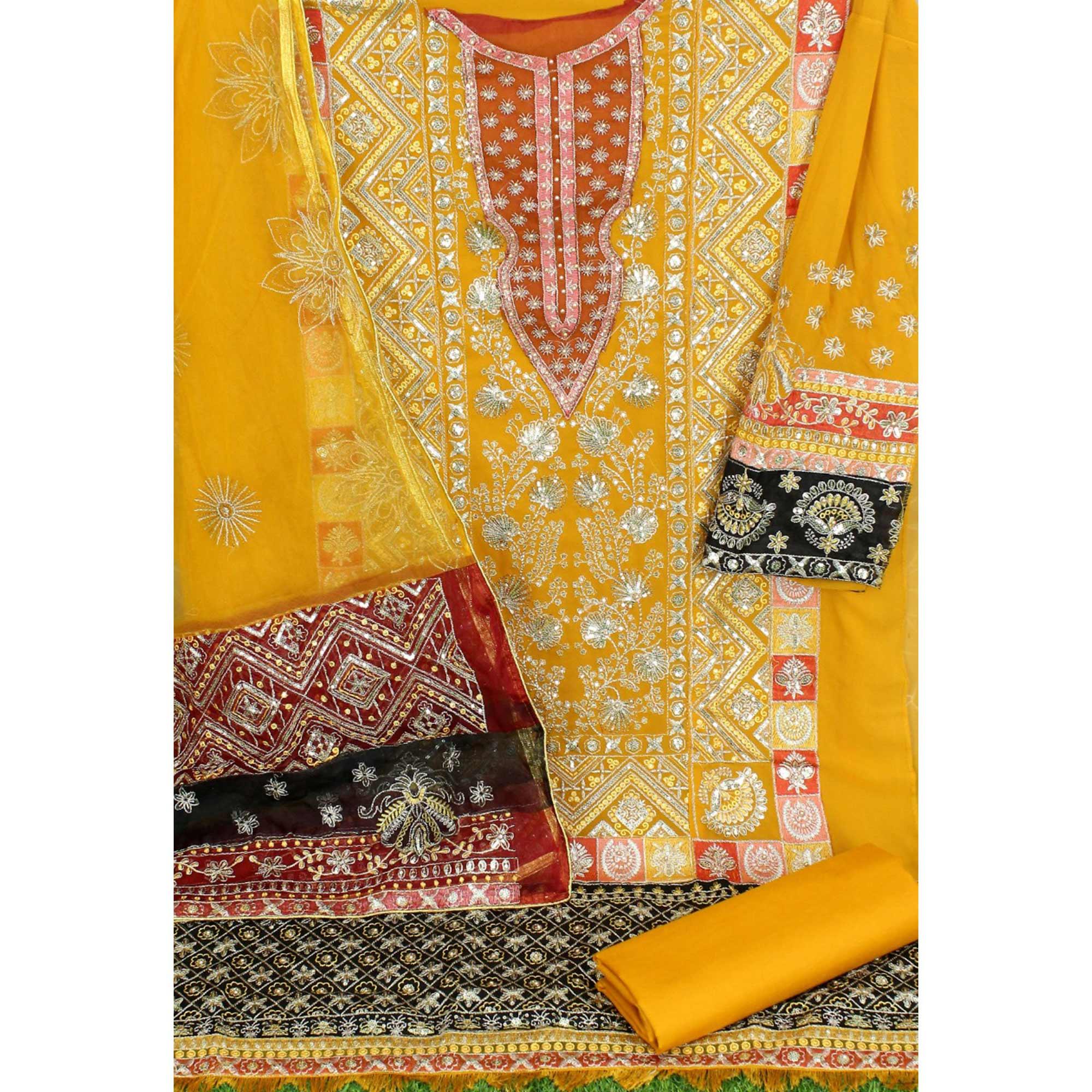 Mustard Embroidered Georgette Pakistani Suit - Peachmode