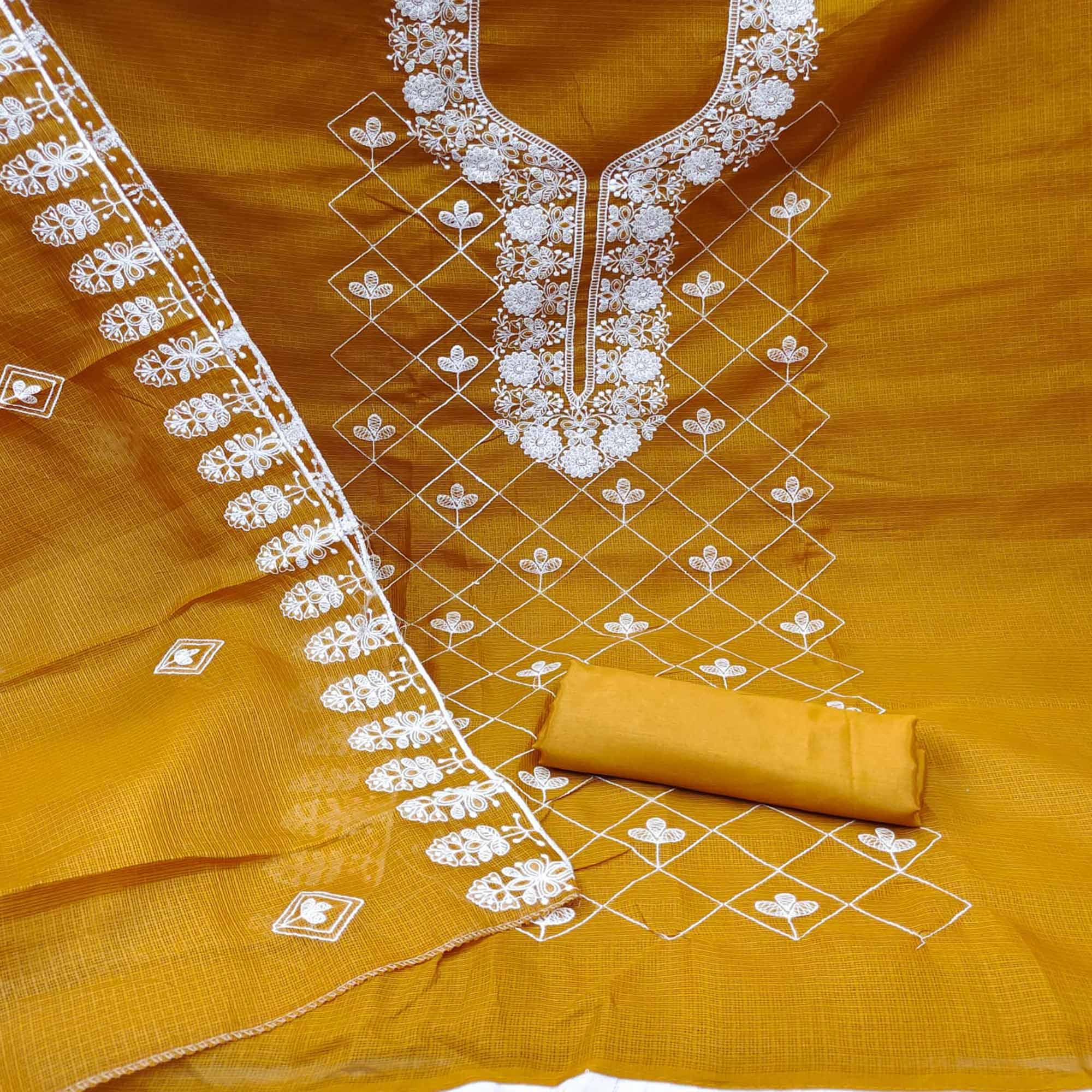 Mustard Embroidered Kota Doria Dress Material - Peachmode