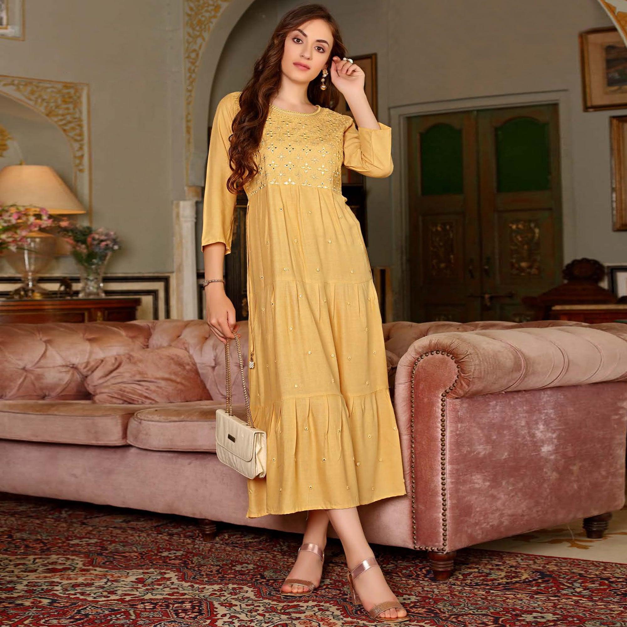 Mustard Embroidered Poly Cotton Kurti - Peachmode