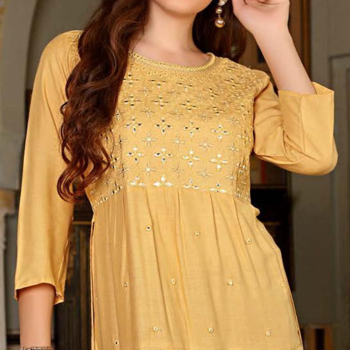 Mustard Embroidered Poly Cotton Kurti - Peachmode