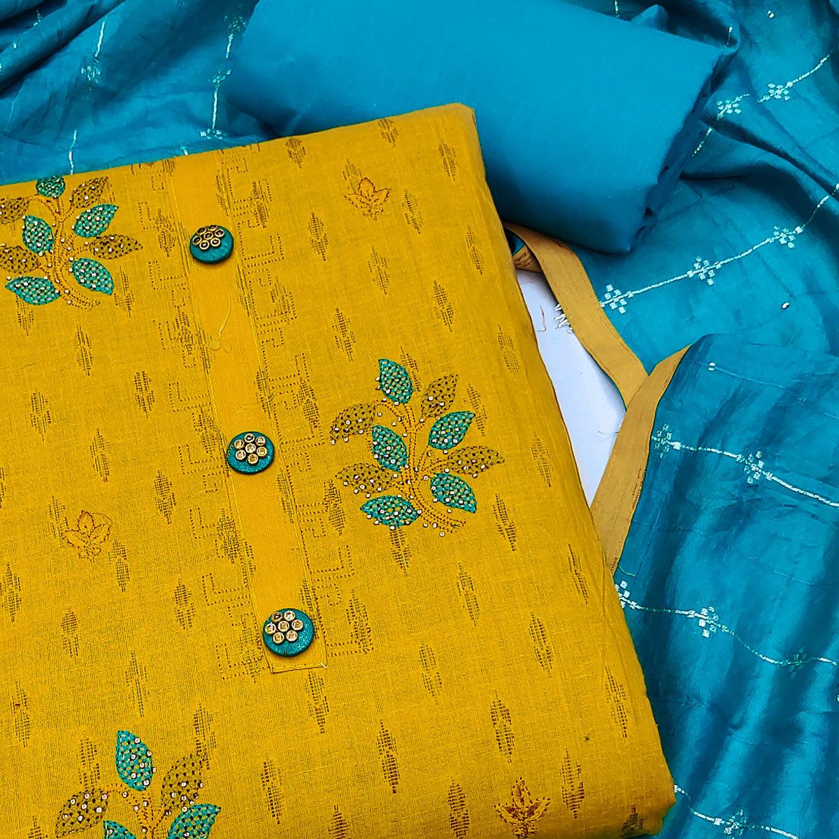 Mustard Embroidered Pure Cotton Dress Material - Peachmode