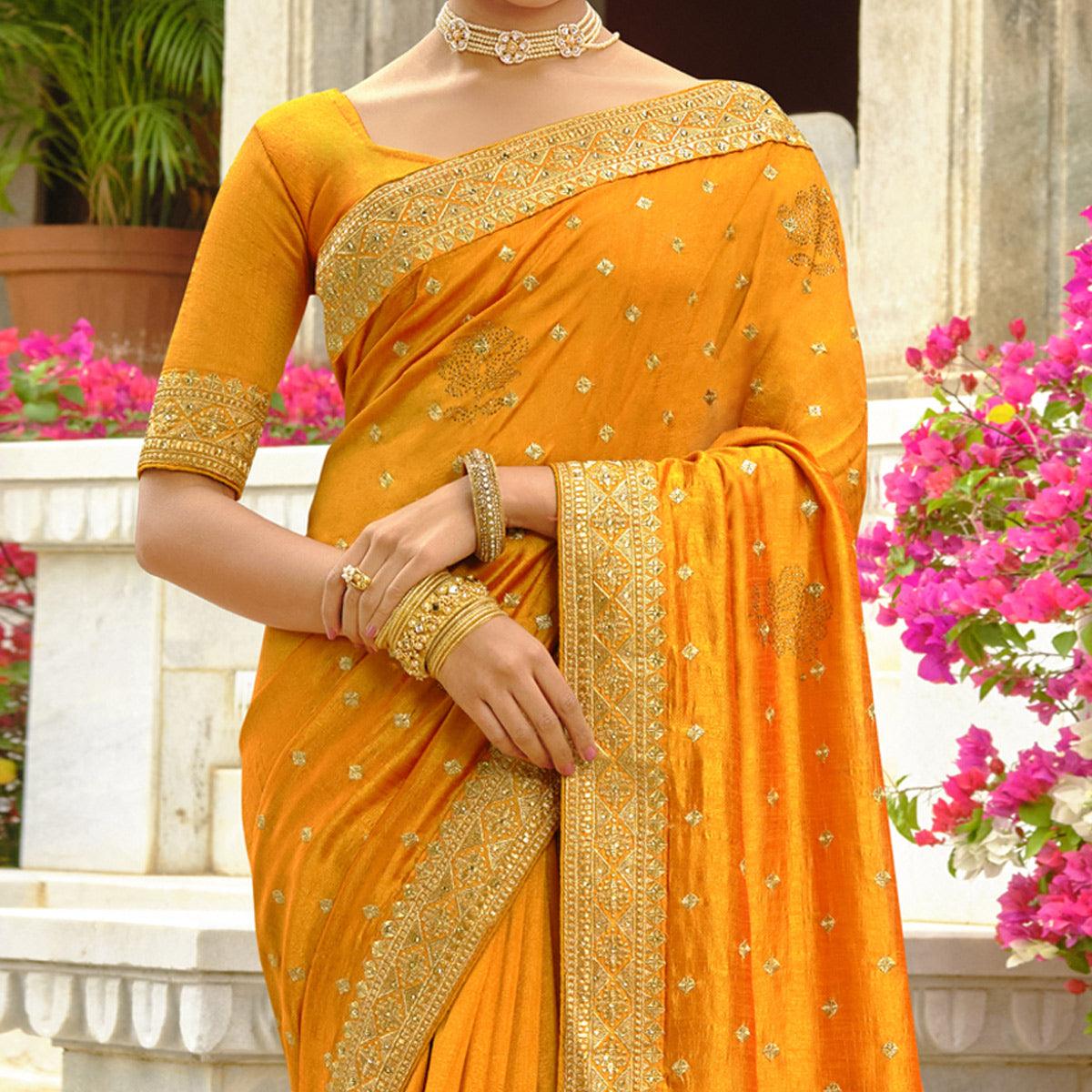 Mustard Embroidered Vichitra Silk Saree - Peachmode