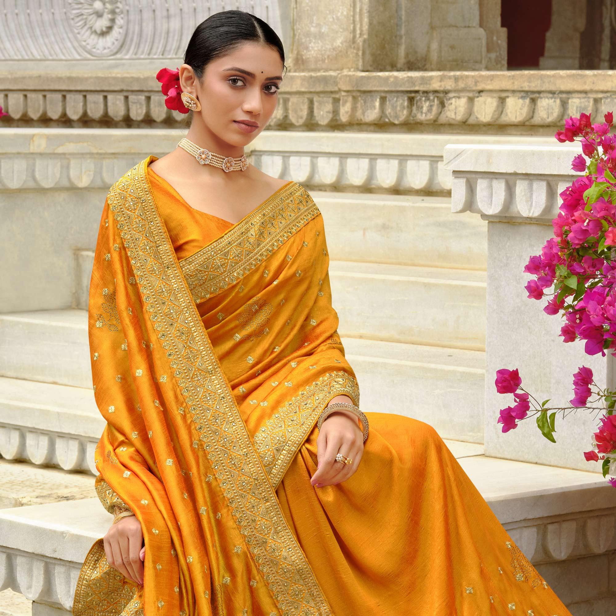 Mustard Embroidered Vichitra Silk Saree - Peachmode