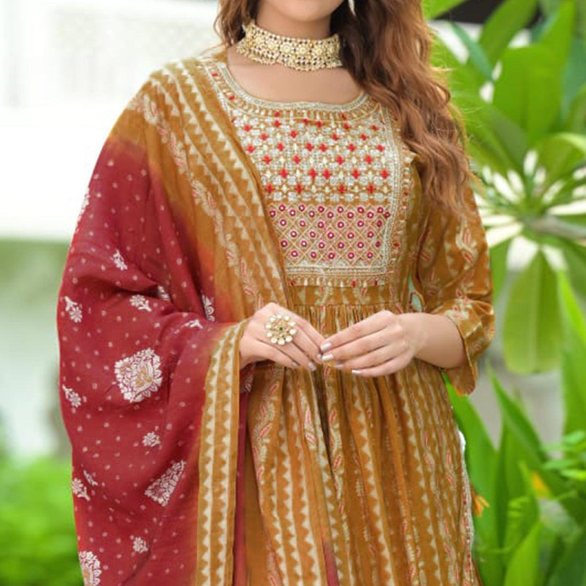 Mustard Embroidered With Embellished Chanderi Anarkali Suit - Peachmode