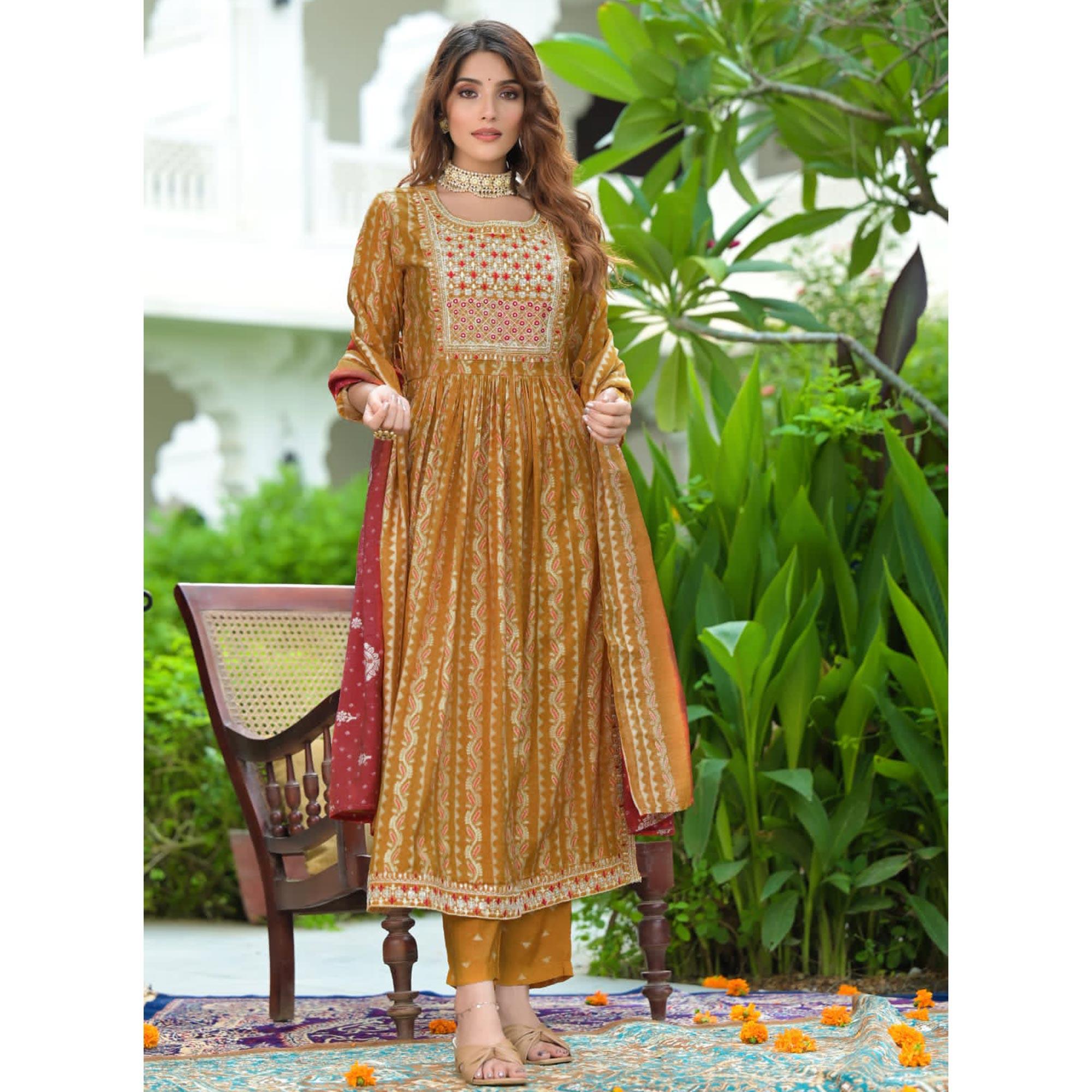 Mustard Embroidered With Embellished Chanderi Anarkali Suit - Peachmode