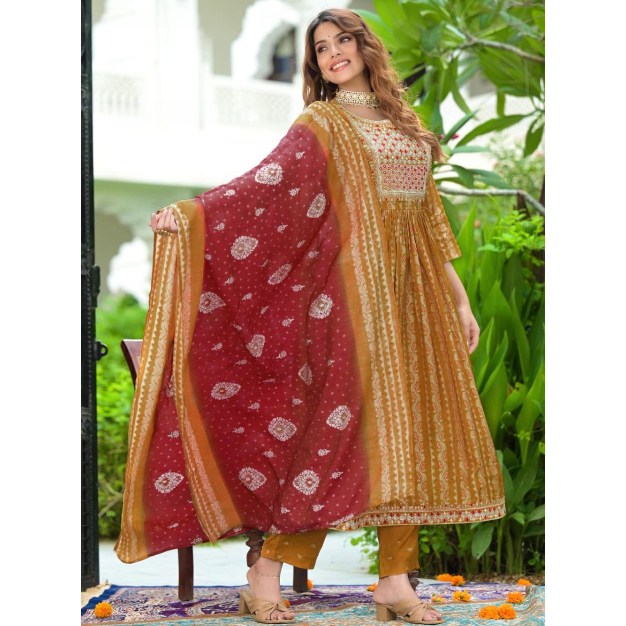 Mustard Embroidered With Embellished Chanderi Anarkali Suit - Peachmode