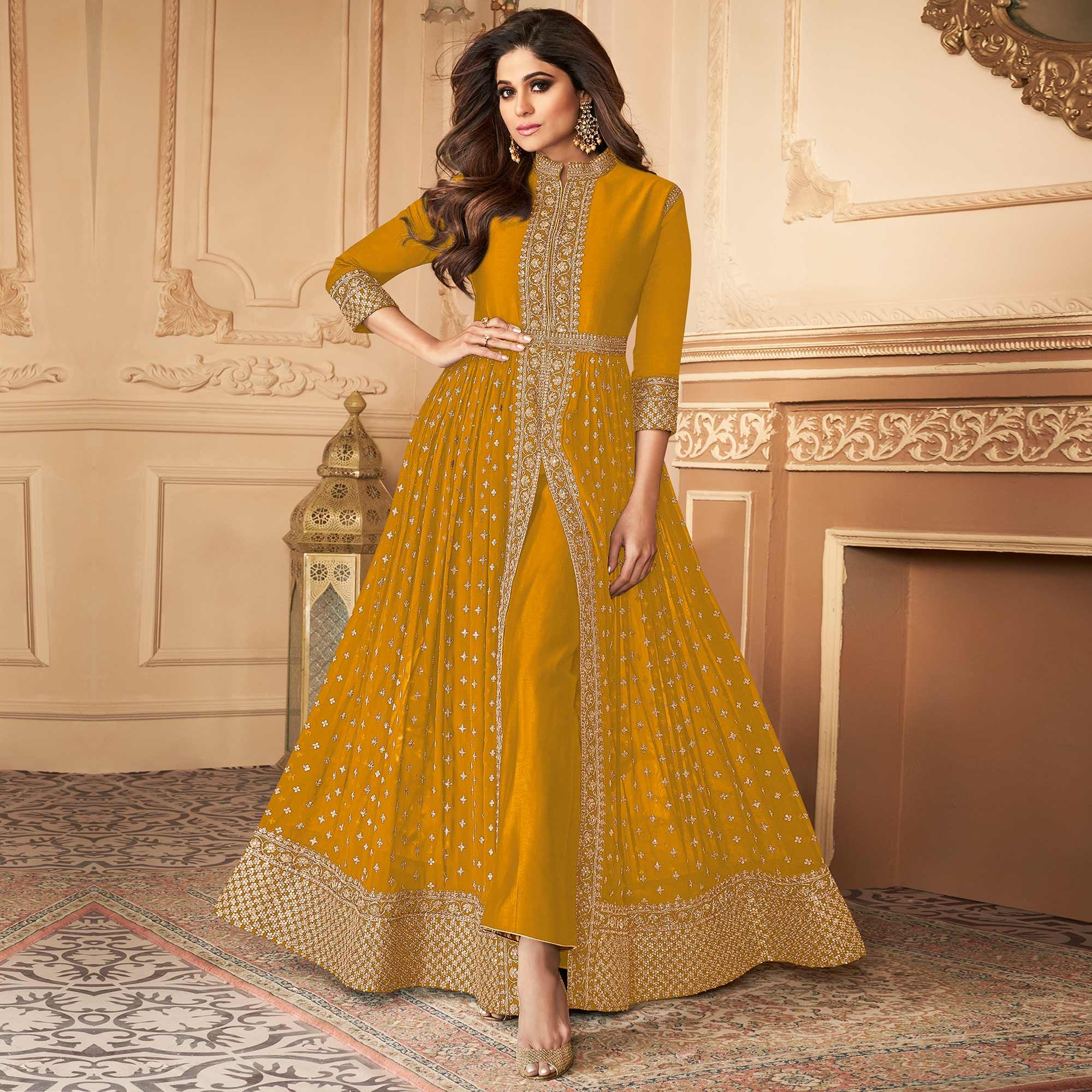 Mustard Embroidered With Embellished Georgette Straight Anarkali Suit - Peachmode