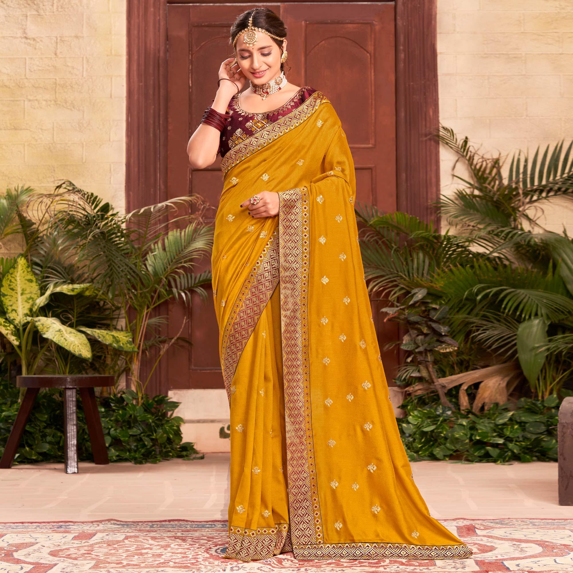 Mustard Embroidered With Embellished Vichitra Silk Saree - Peachmode