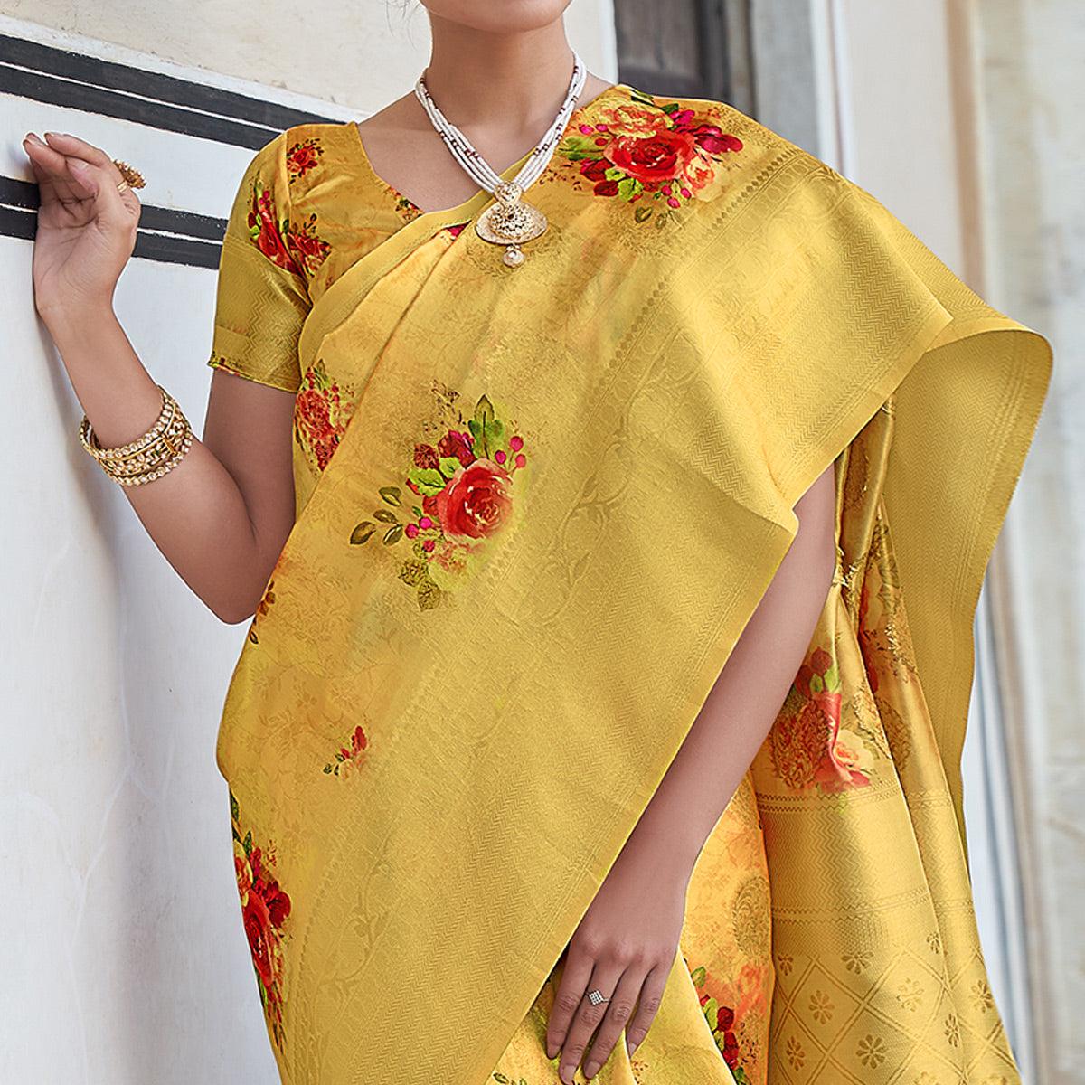 Mustard Festive Wear Digital Printed Jacquard Silk Saree - Peachmode