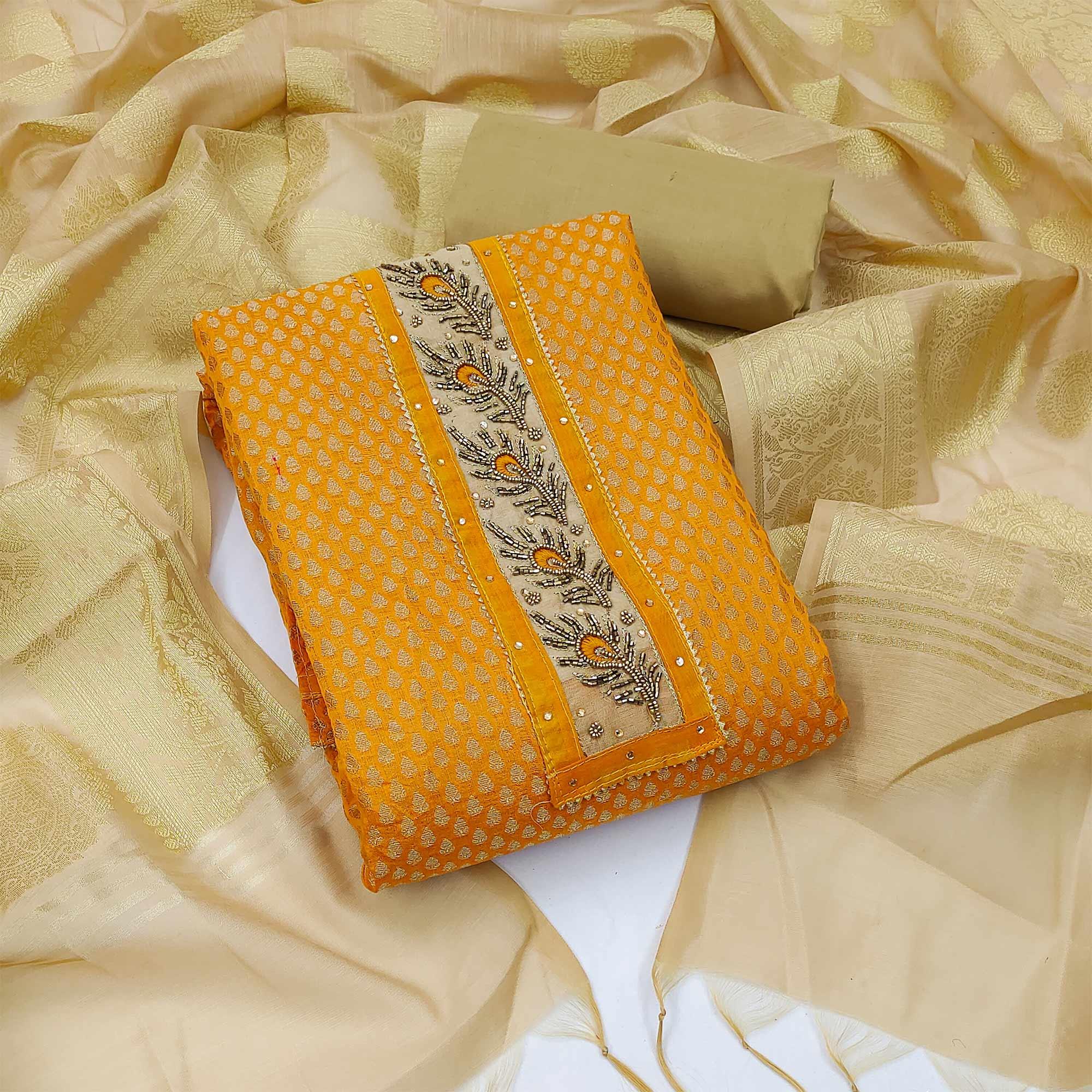 Mustard Festive Wear Embellished with Woven Chanderi Dress Material - Peachmode