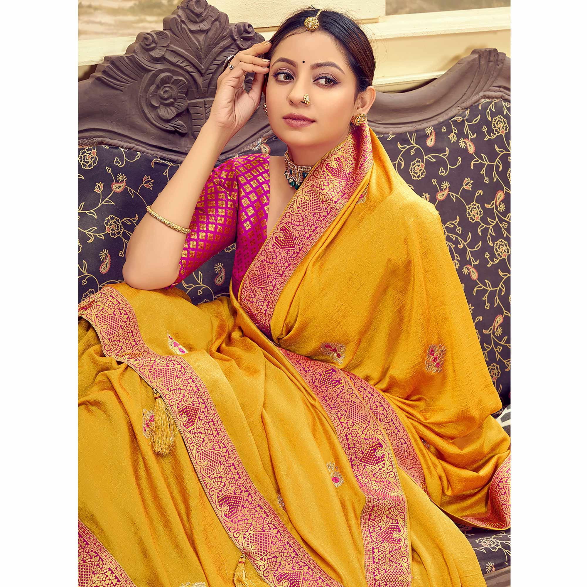 Mustard Festive Wear Embroidered & Swarovski Silk Saree - Peachmode