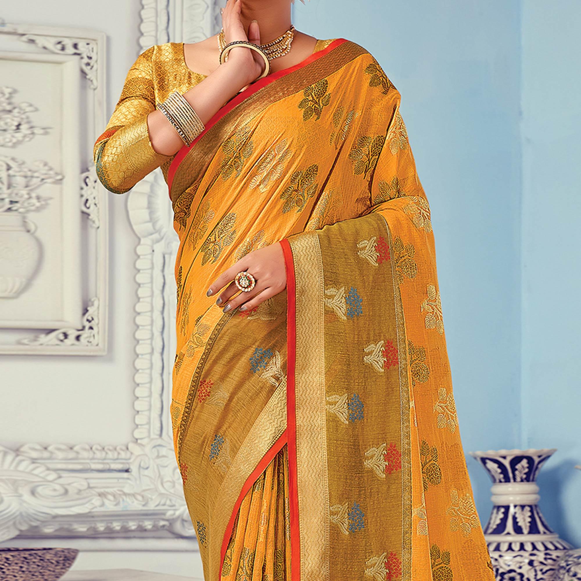 Mustard Festive Wear Embroidered Cotton Handloom Saree - Peachmode