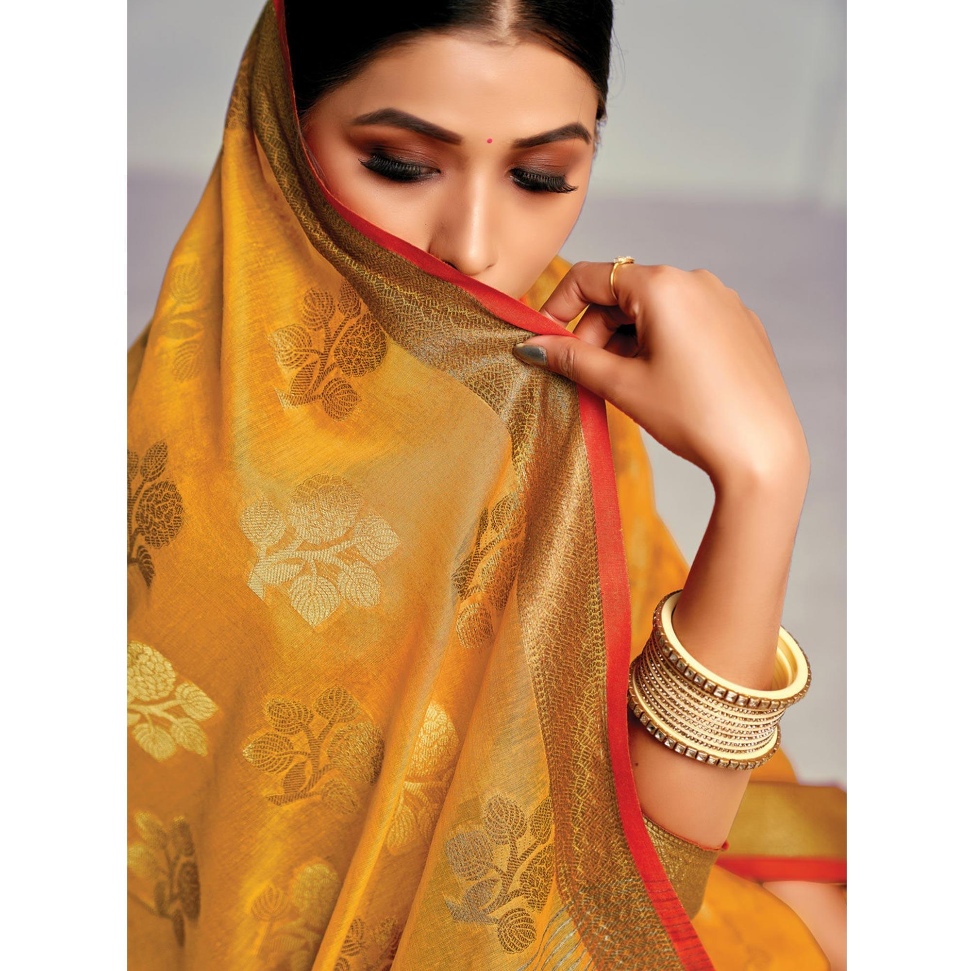 Mustard Festive Wear Embroidered Cotton Handloom Saree - Peachmode