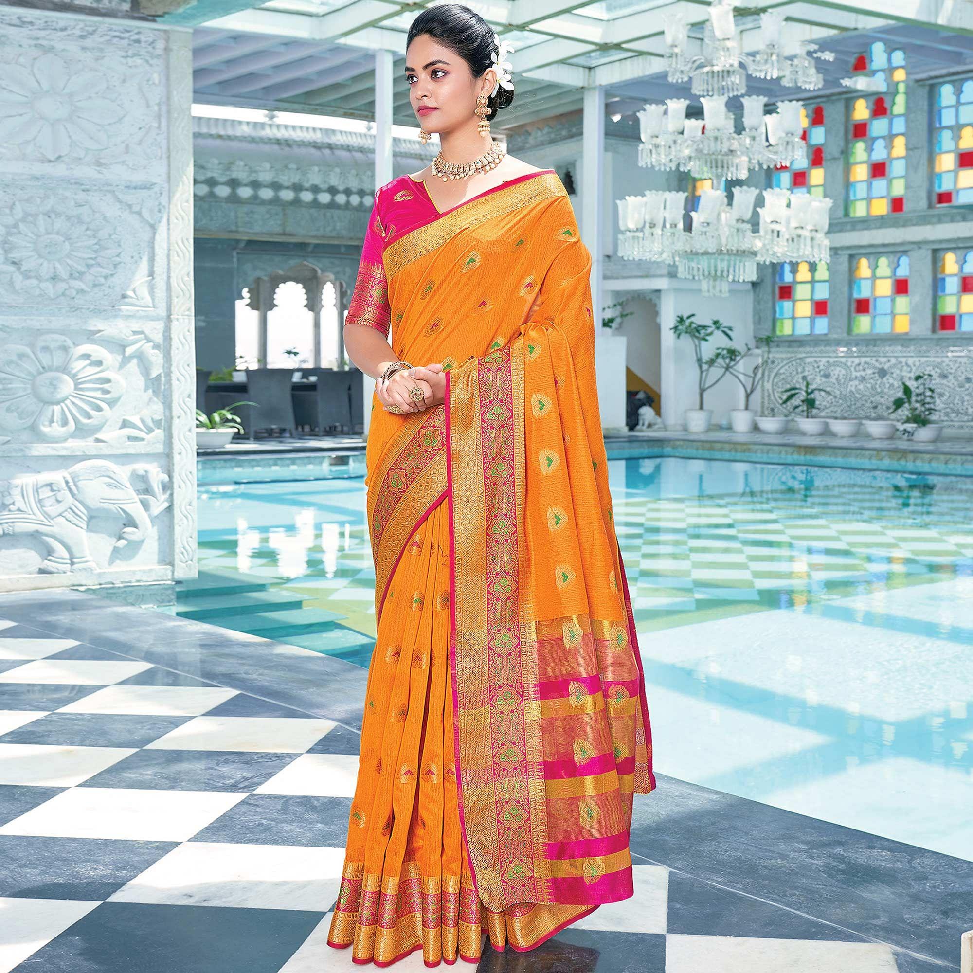 Mustard Festive Wear Embroidered Cotton Saree - Peachmode