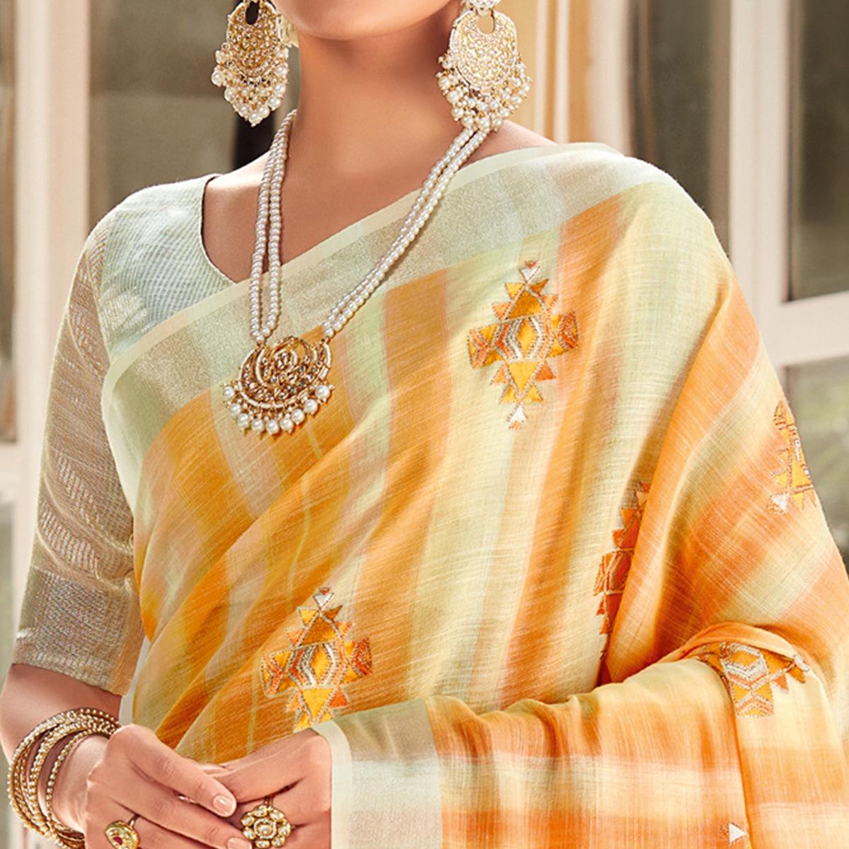 Mustard Festive Wear Embroidered Linen Saree - Peachmode
