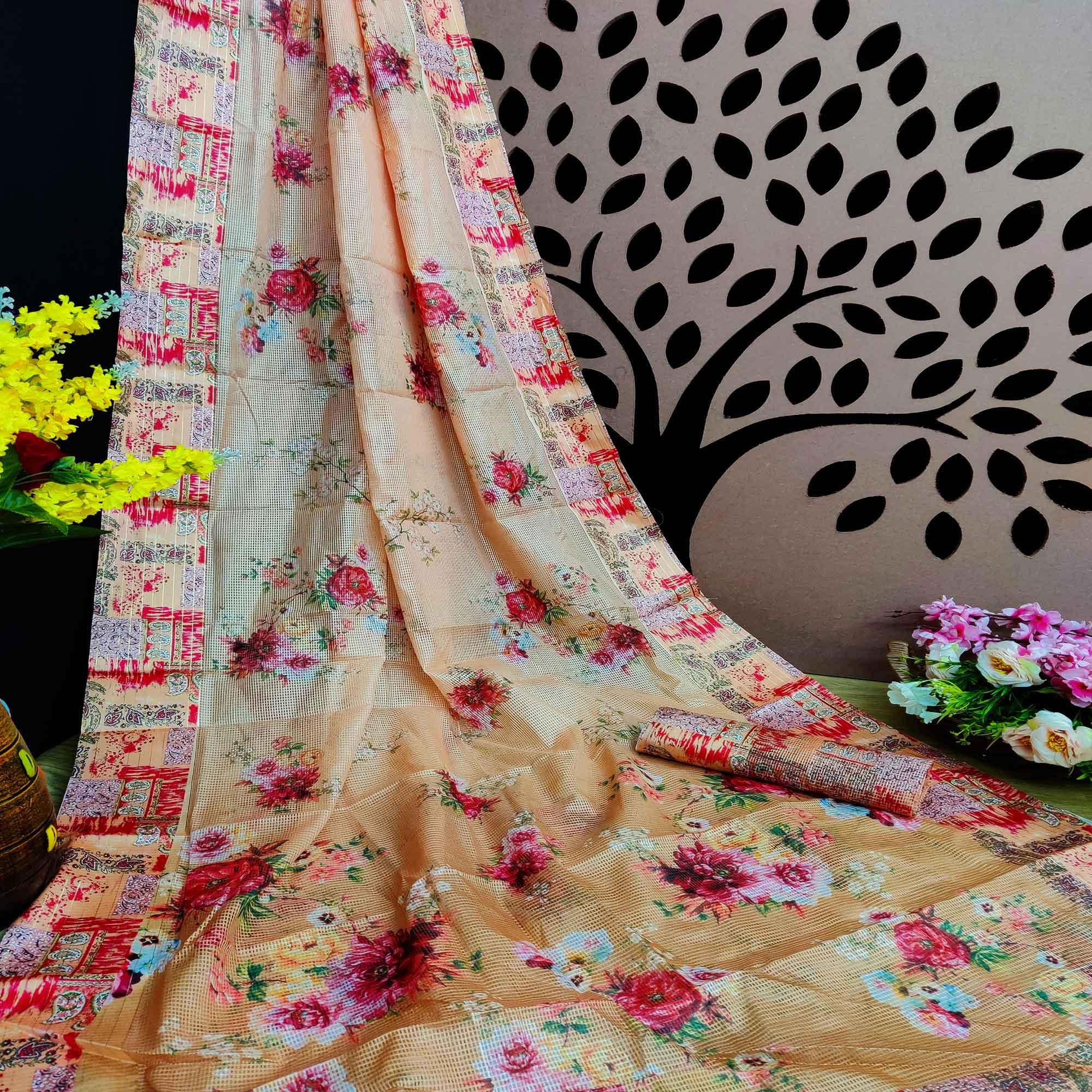 Mustard Festive Wear Floral Digital Print With Woven Border Silk Saree - Peachmode