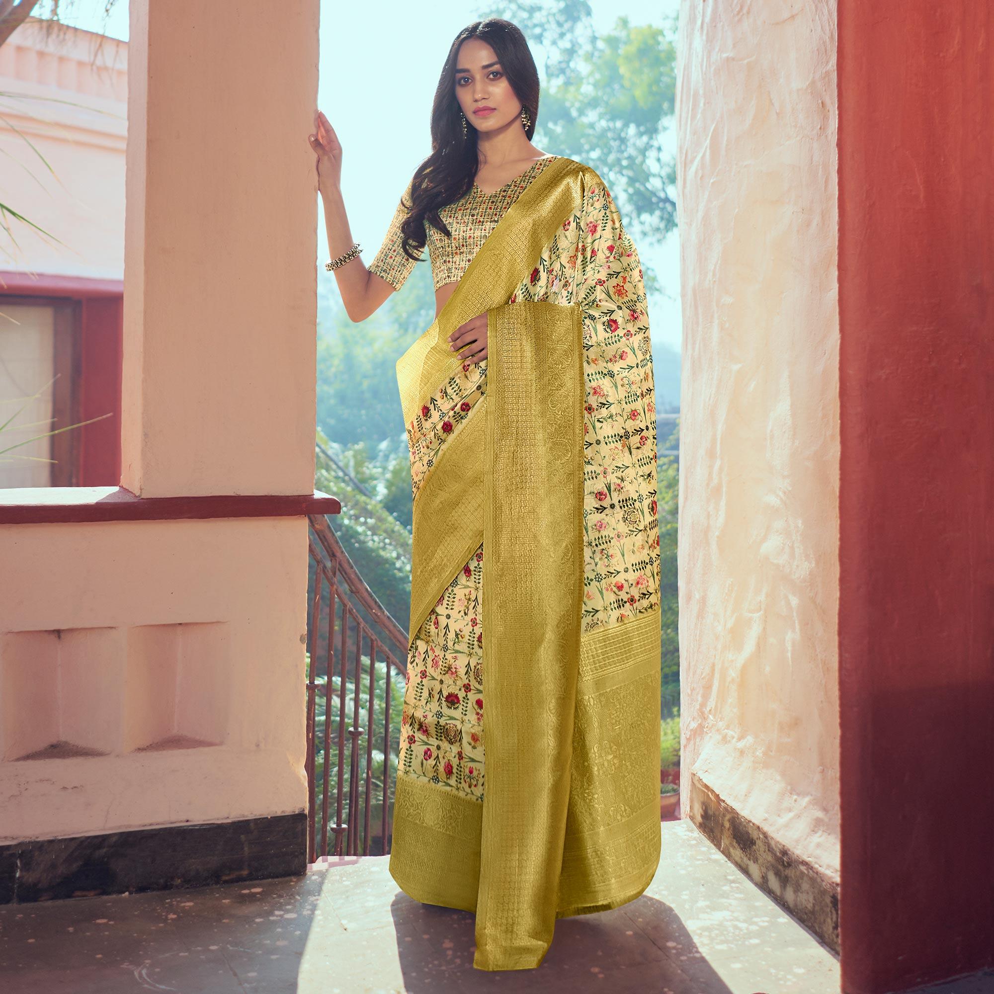 Mustard Festive Wear Floral Digital Printed Woven Silk Saree - Peachmode