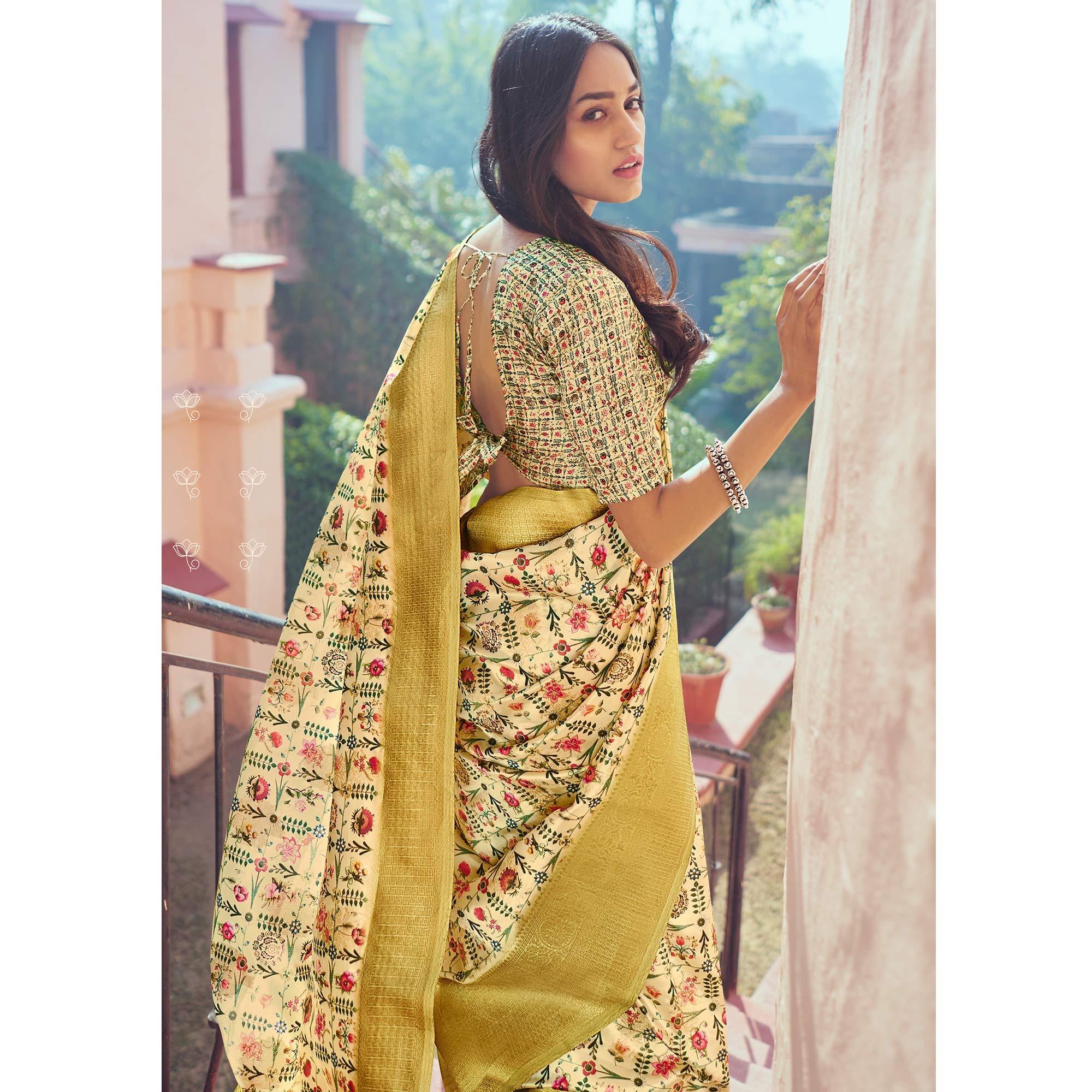 Mustard Festive Wear Floral Digital Printed Woven Silk Saree - Peachmode