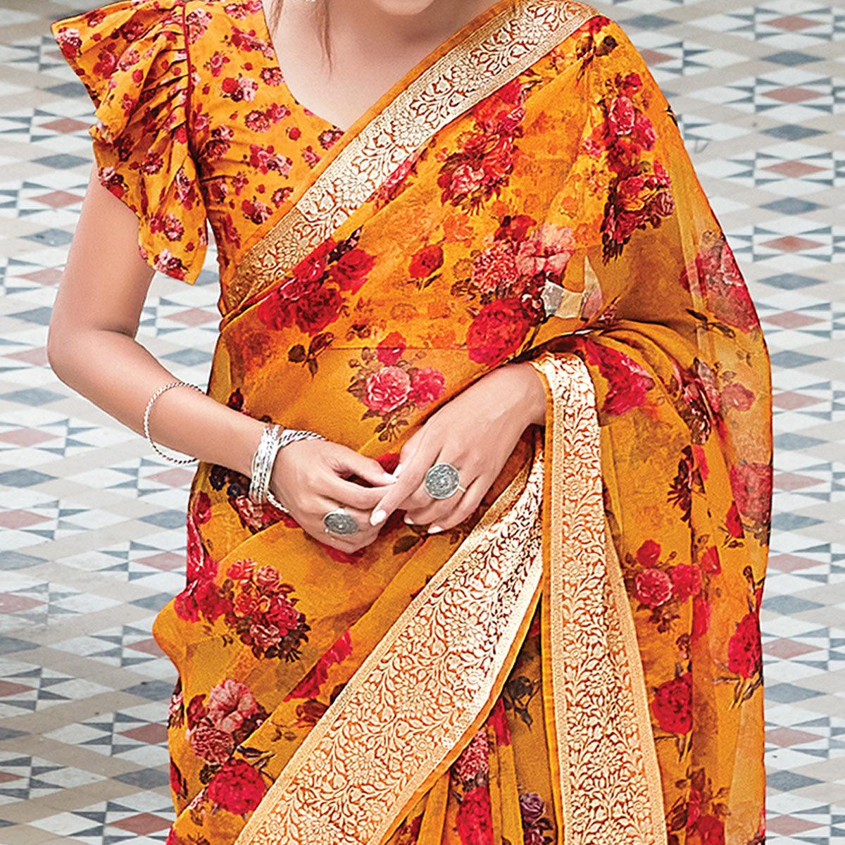 Mustard Festive Wear Floral Printed Organza Saree - Peachmode