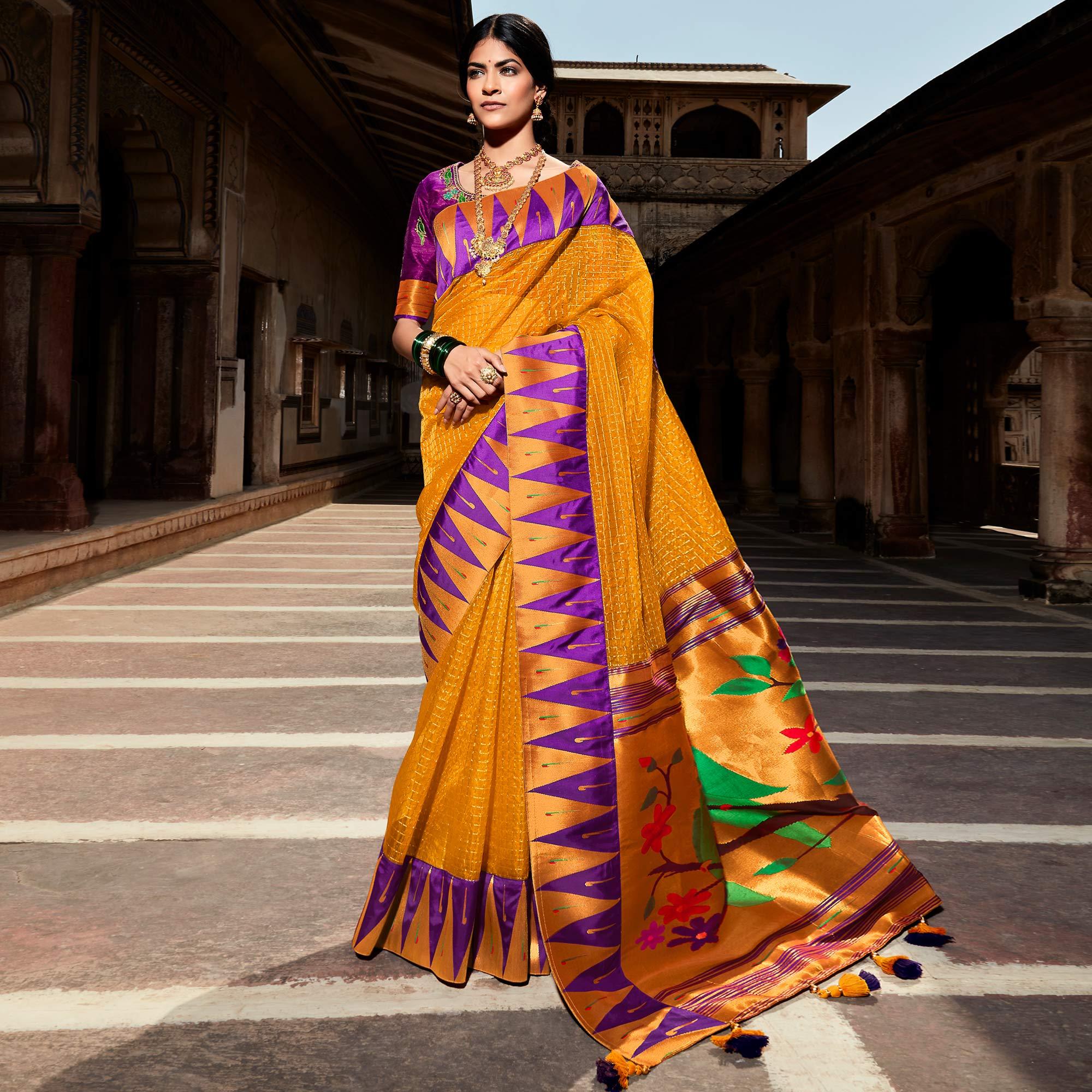 Mustard Festive Wear Floral Woven Silk Saree - Peachmode