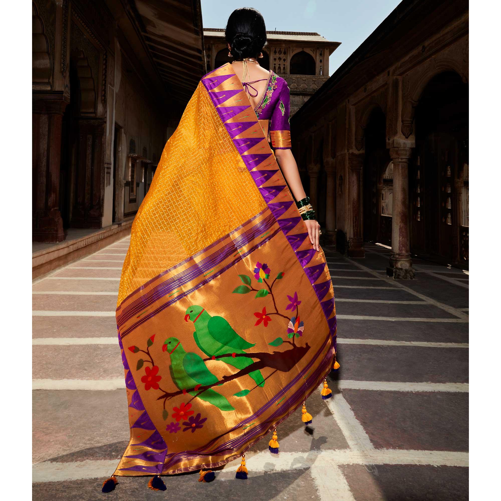 Mustard Festive Wear Floral Woven Silk Saree - Peachmode