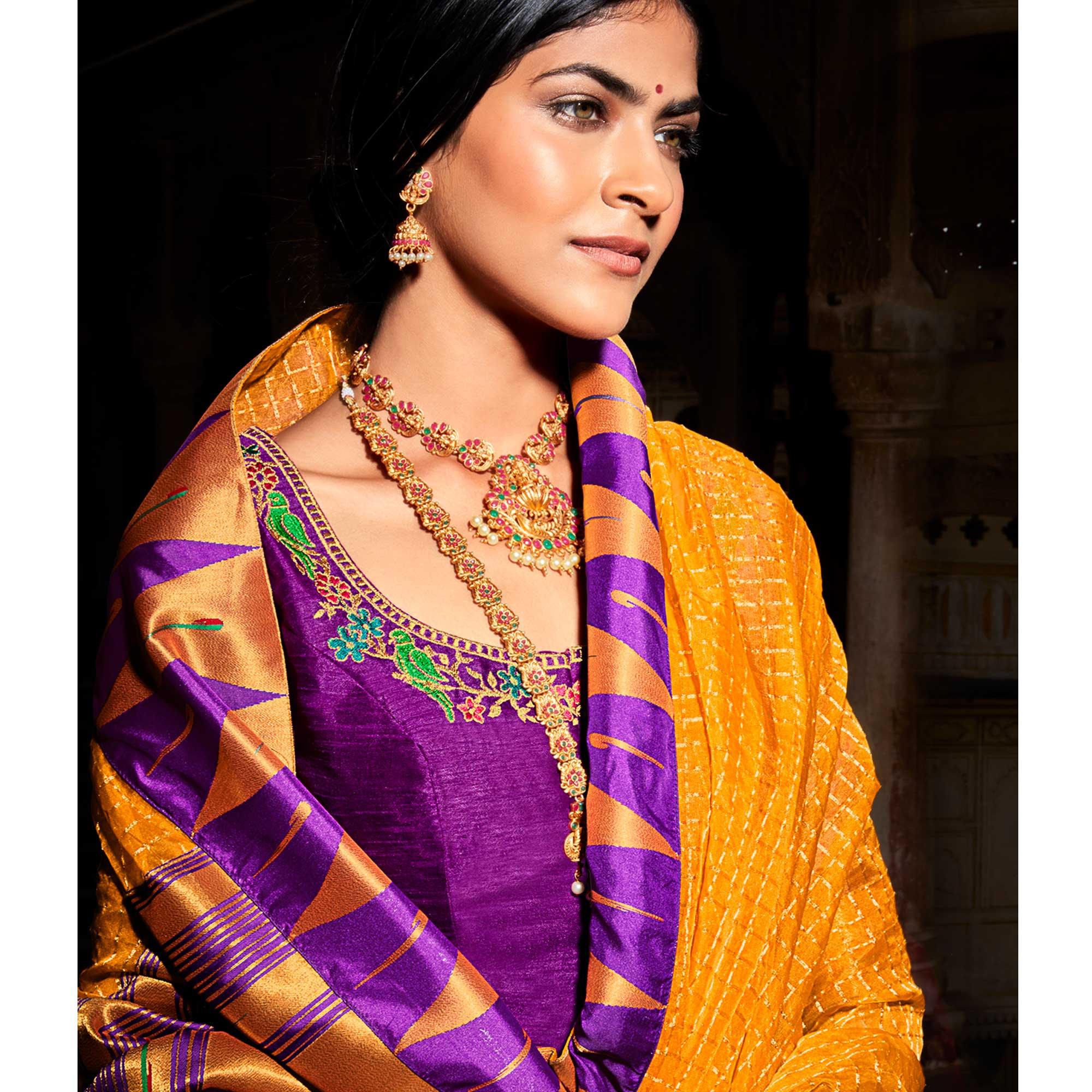 Mustard Festive Wear Floral Woven Silk Saree - Peachmode