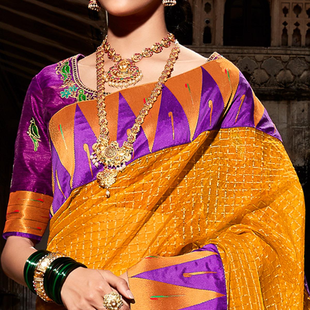 Mustard Festive Wear Floral Woven Silk Saree - Peachmode