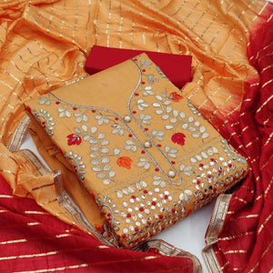 Mustard Festive Wear Gotta Plus Handwork Cotton Dress Material - Peachmode