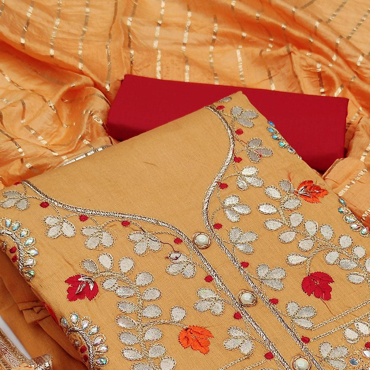 Mustard Festive Wear Gotta Plus Handwork Cotton Dress Material - Peachmode