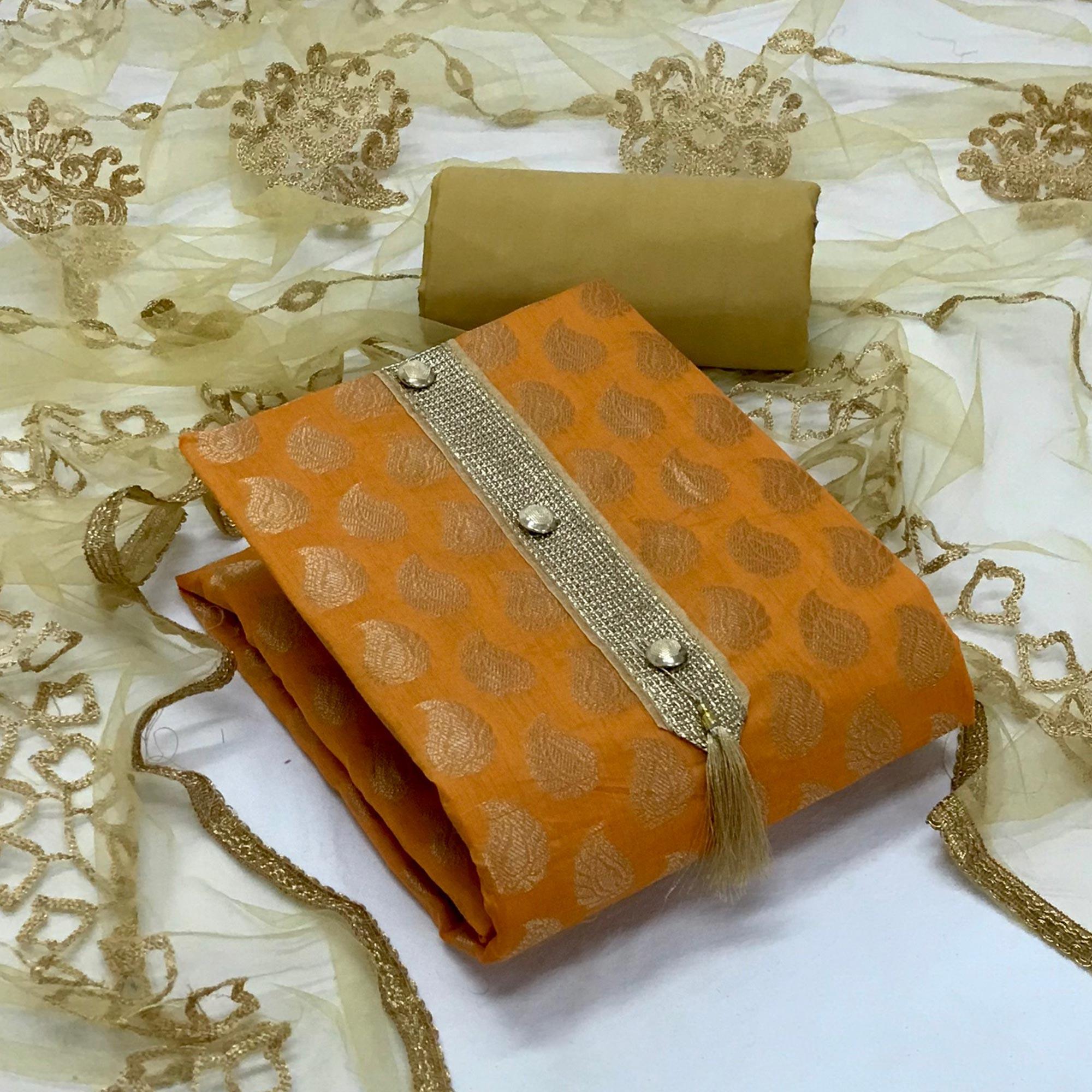 Mustard Festive Wear Jacquard Banarasi Silk Dress Material - Peachmode