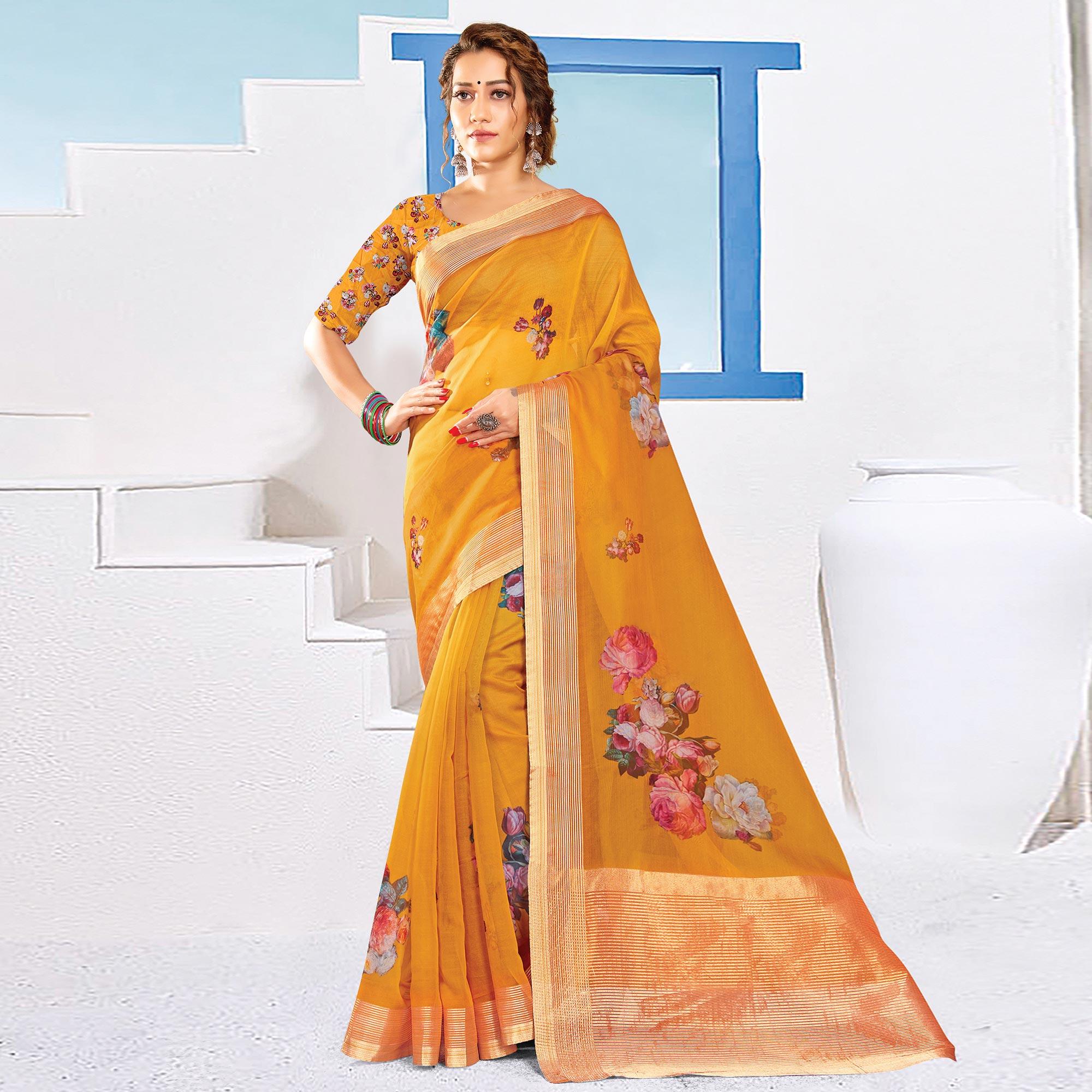 Mustard Festive Wear Printed & Woven Organza Saree - Peachmode