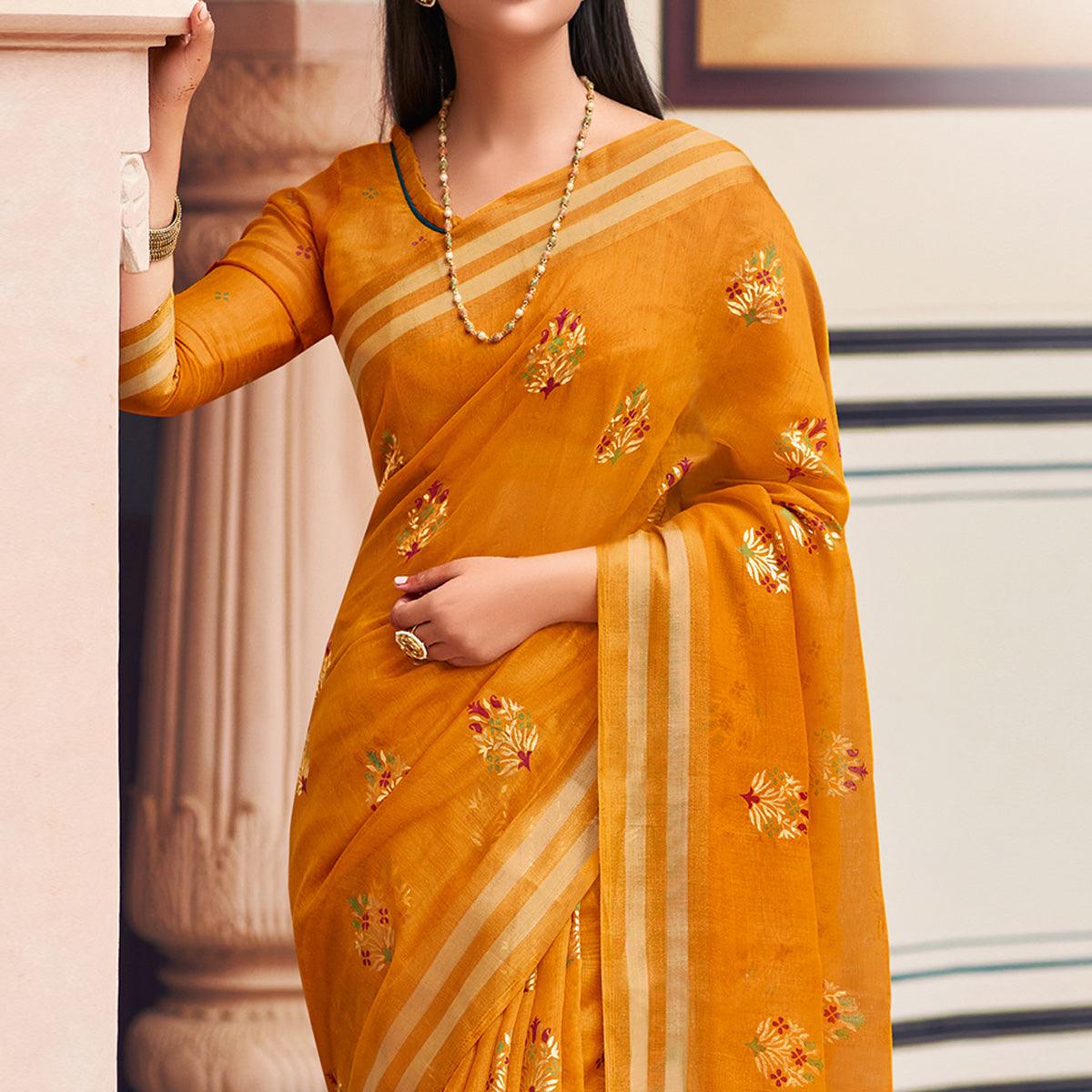 Mustard Festive Wear Printed Chanderi Silk Saree - Peachmode