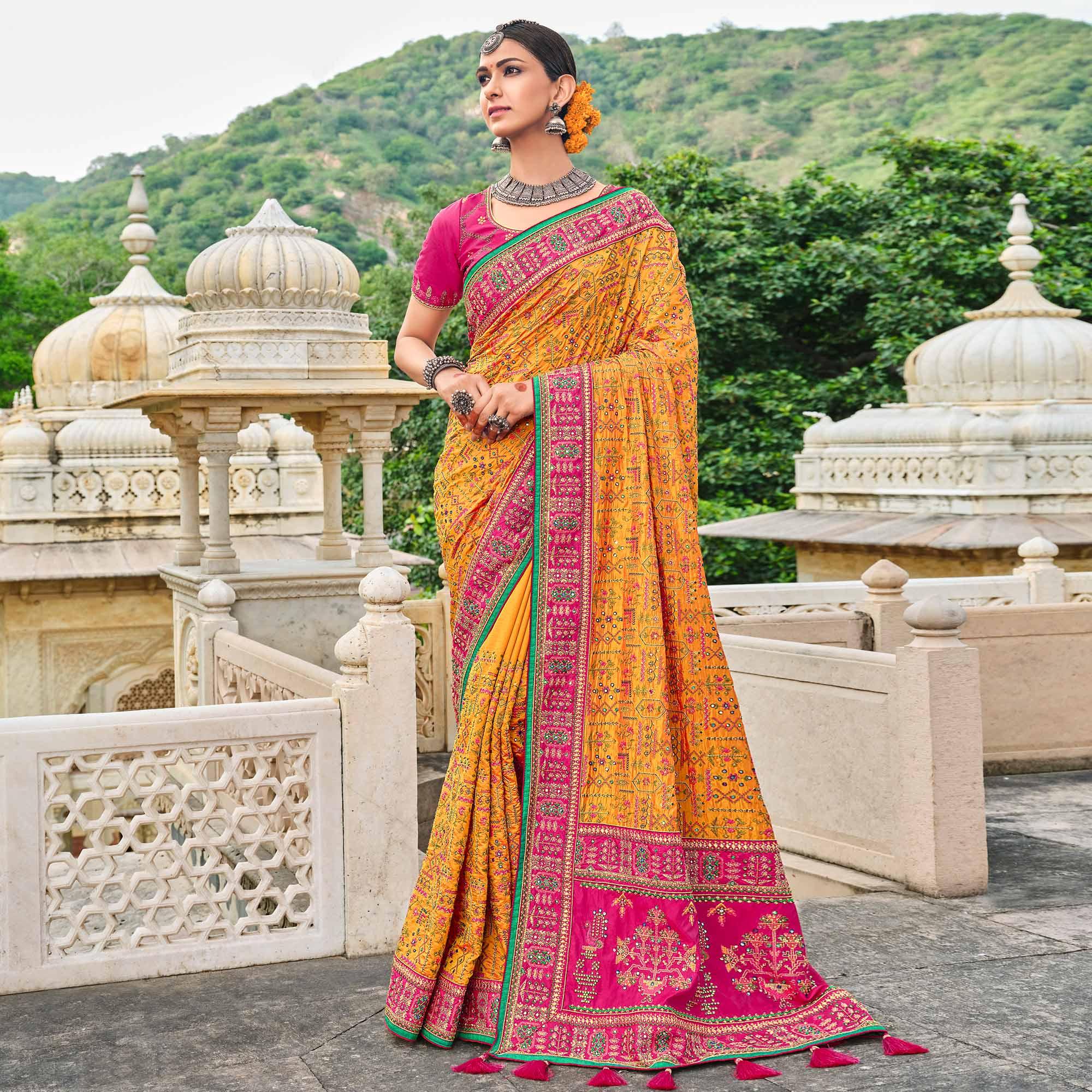 Mustard Festive Wear Pure Kachhi Embellished Banarasi Silk Saree - Peachmode