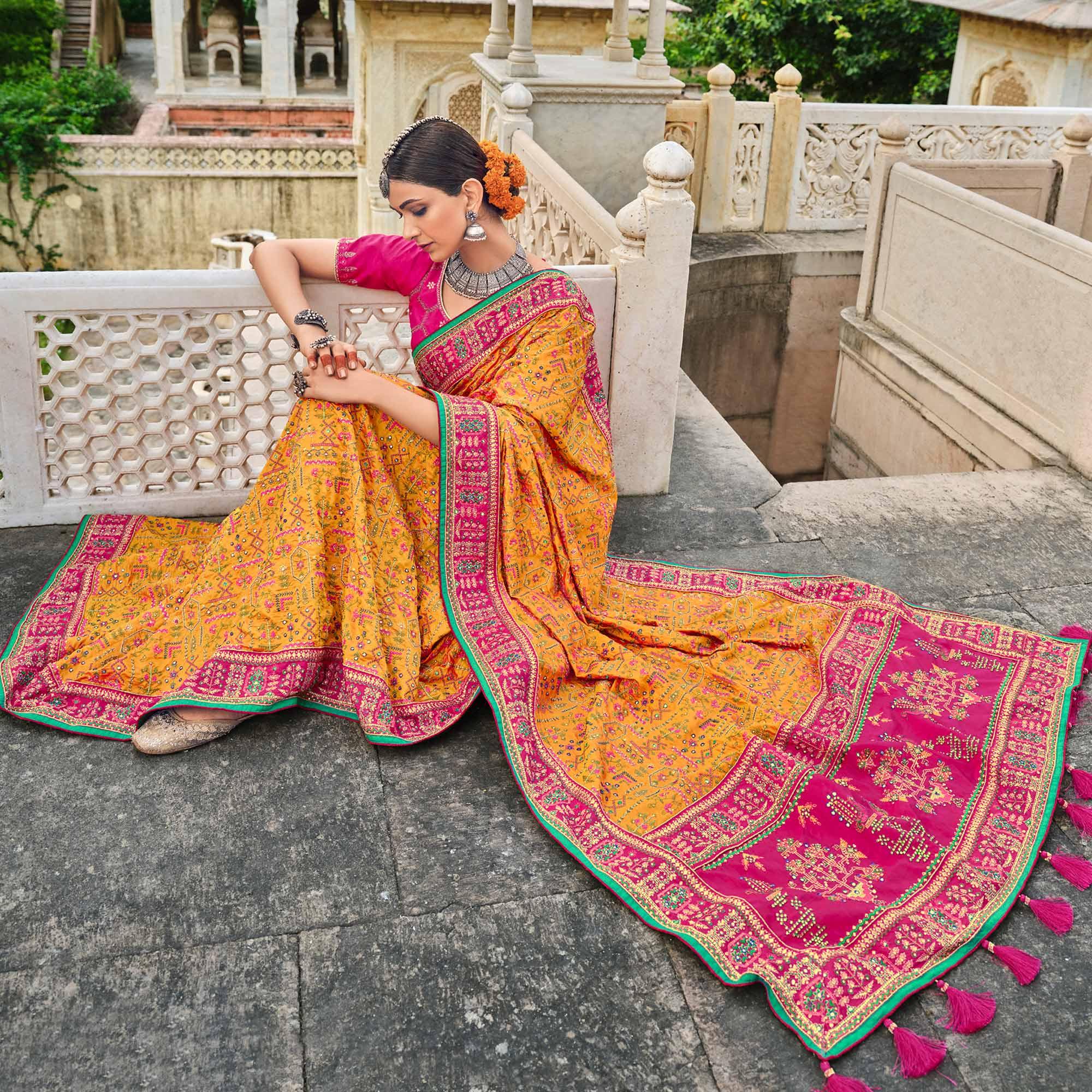 Mustard Festive Wear Pure Kachhi Embellished Banarasi Silk Saree - Peachmode