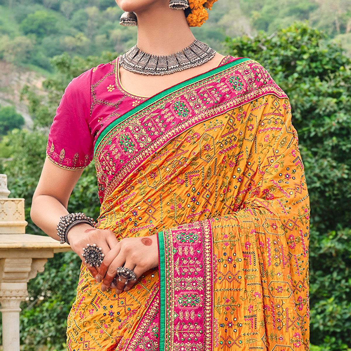 Mustard Festive Wear Pure Kachhi Embellished Banarasi Silk Saree - Peachmode