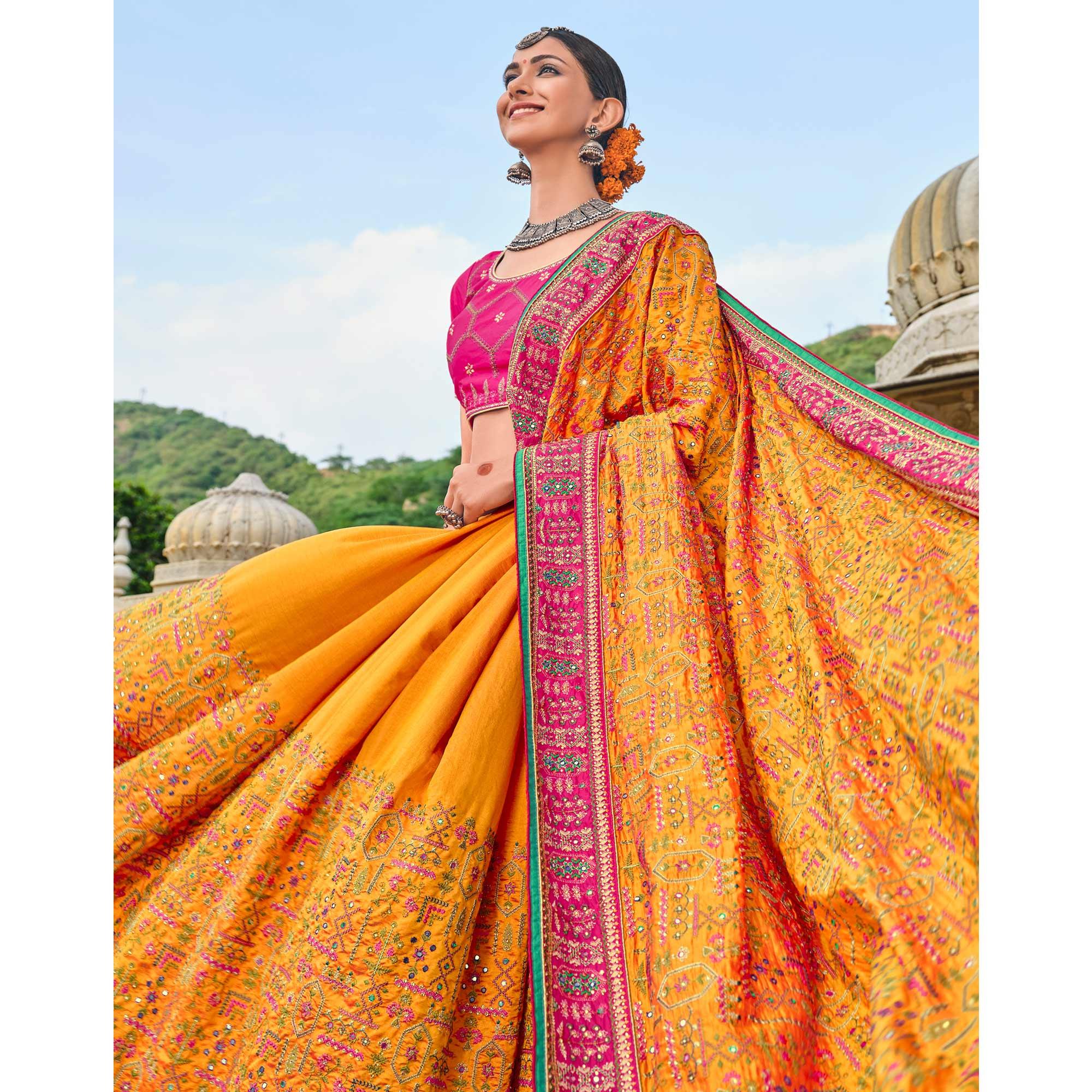 Mustard Festive Wear Pure Kachhi Embellished Banarasi Silk Saree - Peachmode