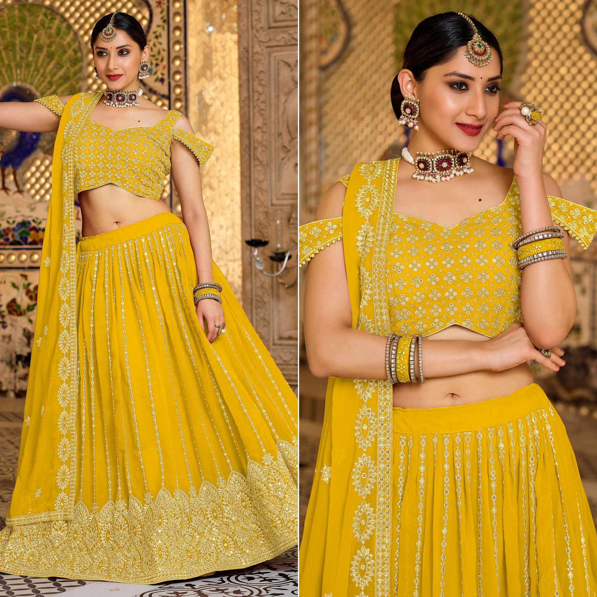 Mustard Festive Wear Sequence Embroidered Georgette Lehenga Choli - Peachmode