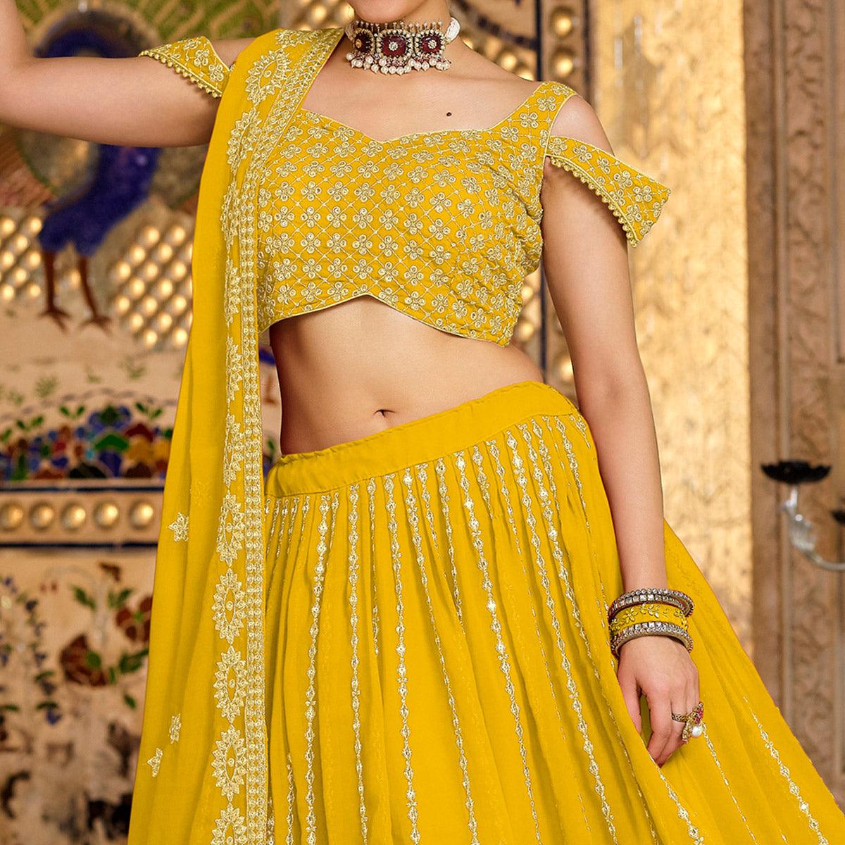 Mustard Festive Wear Sequence Embroidered Georgette Lehenga Choli - Peachmode