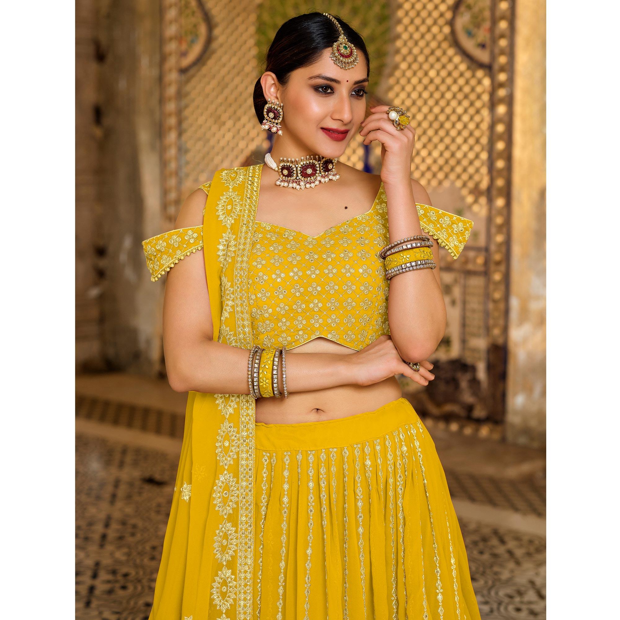 Mustard Festive Wear Sequence Embroidered Georgette Lehenga Choli - Peachmode