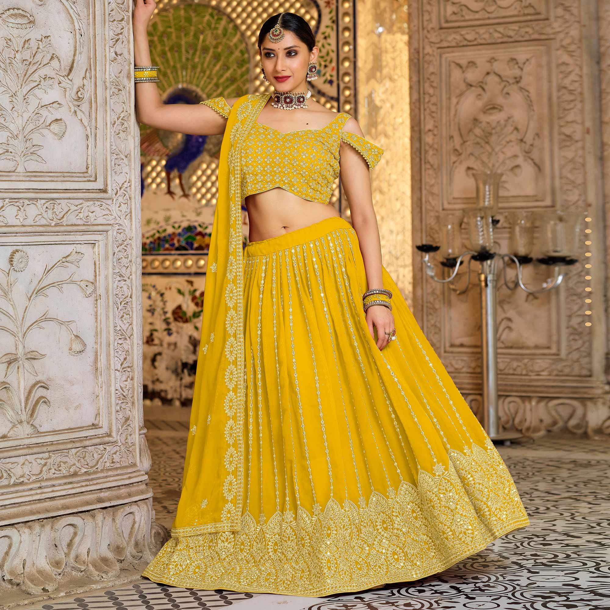 Mustard Festive Wear Sequence Embroidered Georgette Lehenga Choli - Peachmode